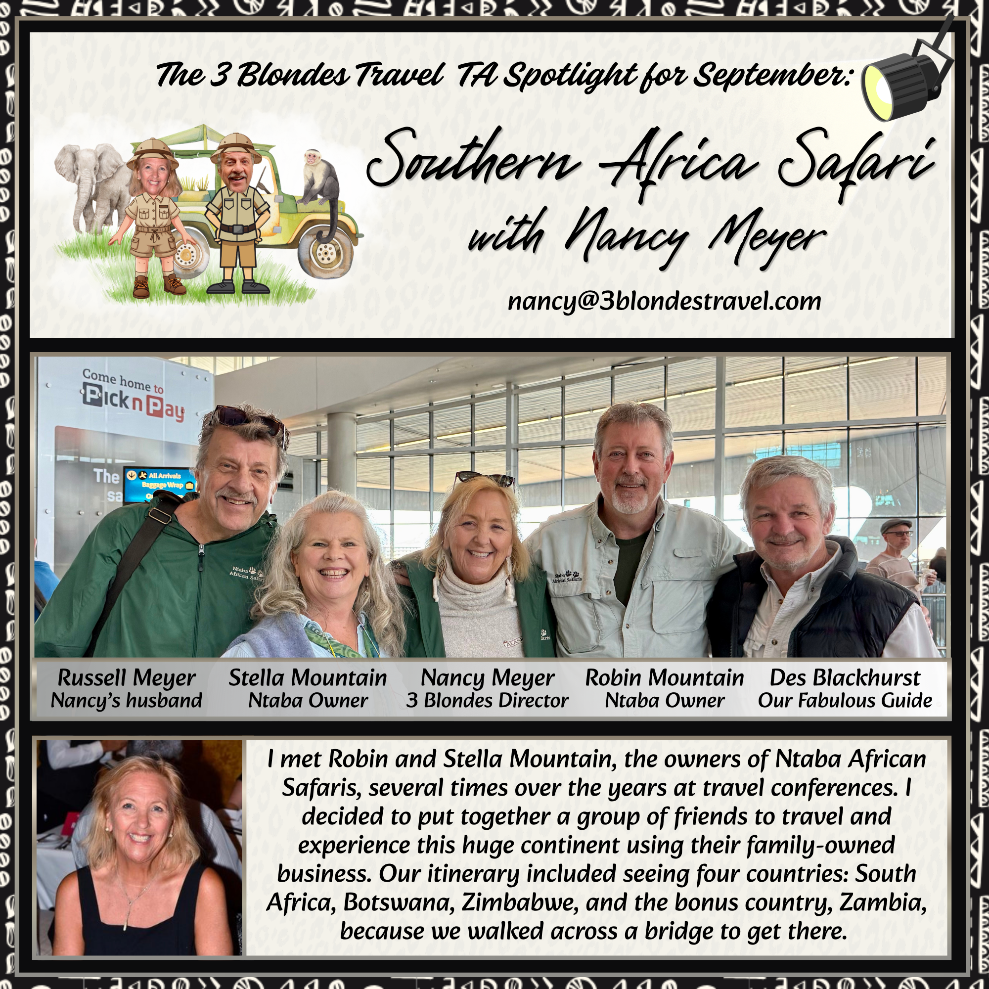 A travel conference banner featuring cartoon images of three blond women dressed as safari guides with animals including an elephant and monkey in safari hats. The banner reads 'The 3 Blondes Travel TA Spotlight for September: Southern Africa Safari with Nancy Meyer' and includes an email address.