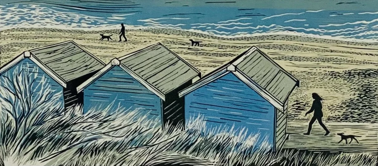 A beautiful new collection of linocuts for Autumn from Sally Hill. Each numbered & signed by the artist, in mount & frame. Shown here 'Beach Huts' 48cm x 38cm £235
