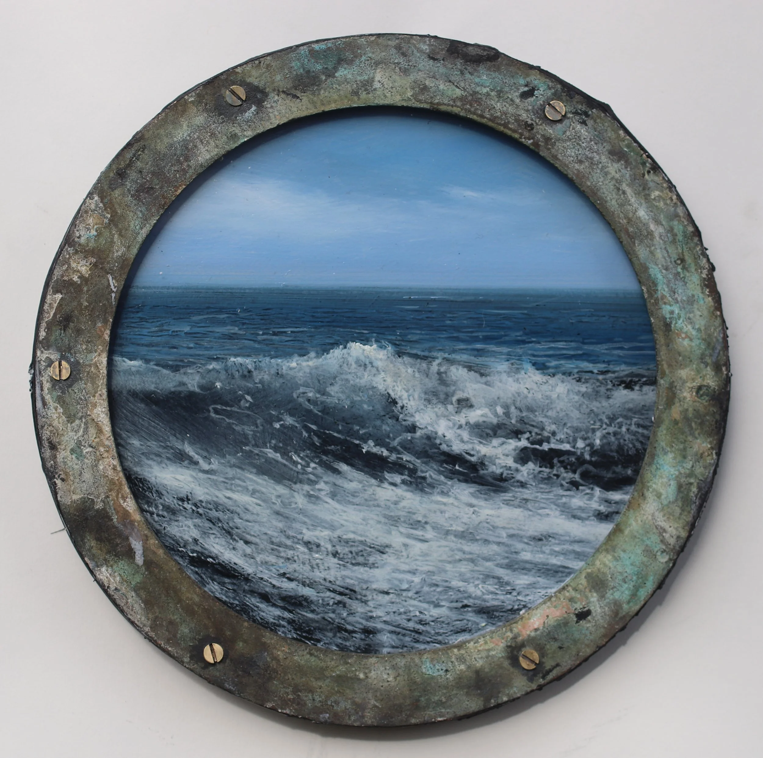 'Sea Days', Oil on panel in a reclaimed ship's porthole 23cm diameter (complete with fixing ready to easily wall hang) £565.00