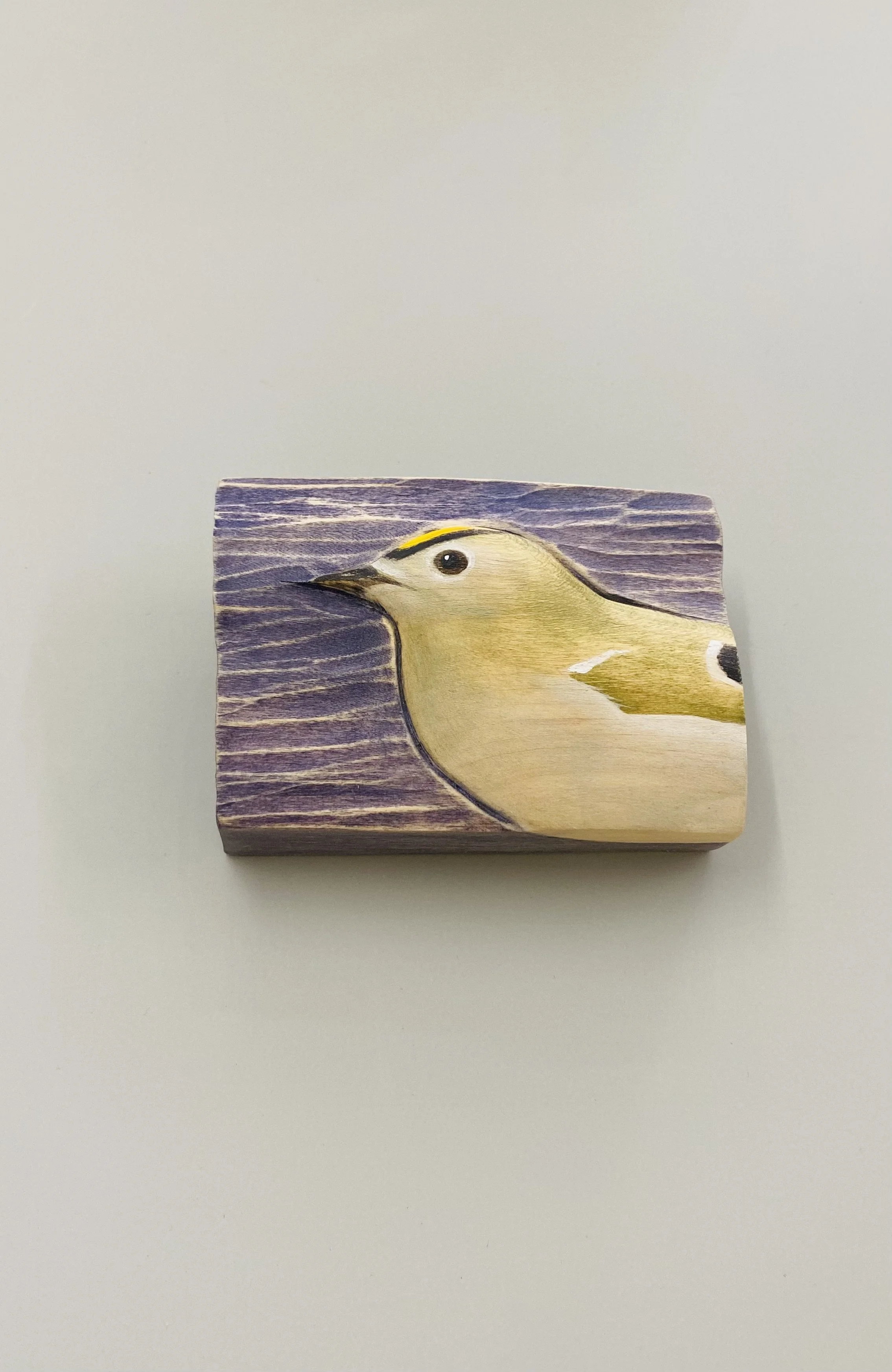 'Goldcrest' hand carved & painted limewood 8cm x 6cm x 2.5cm available, please enquire
