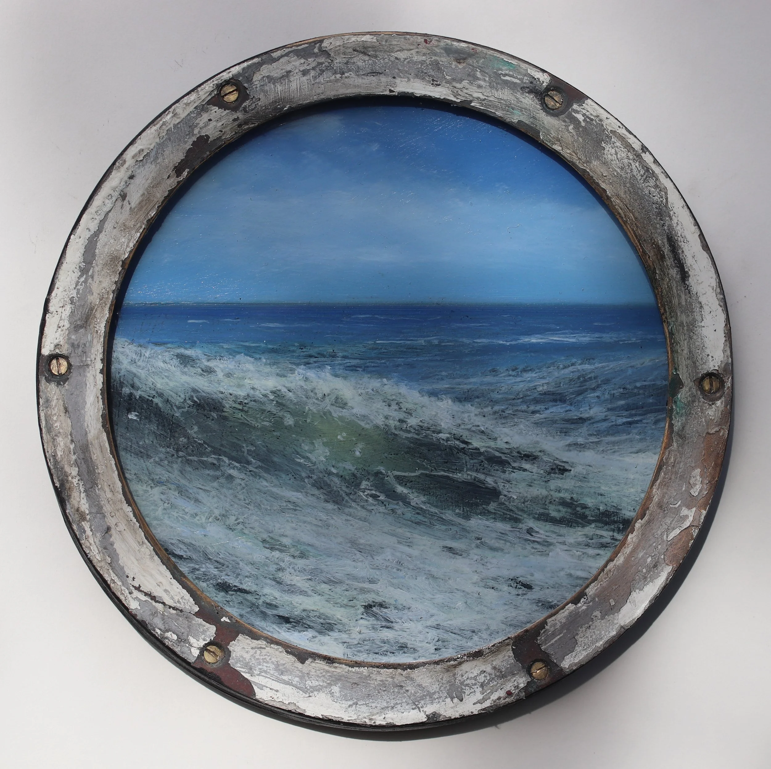 'Sea Day 2', Oil on panel in reclaimed ship's porthole 26cm diameter (complete with fixing ready to easily wall hang) £595.00