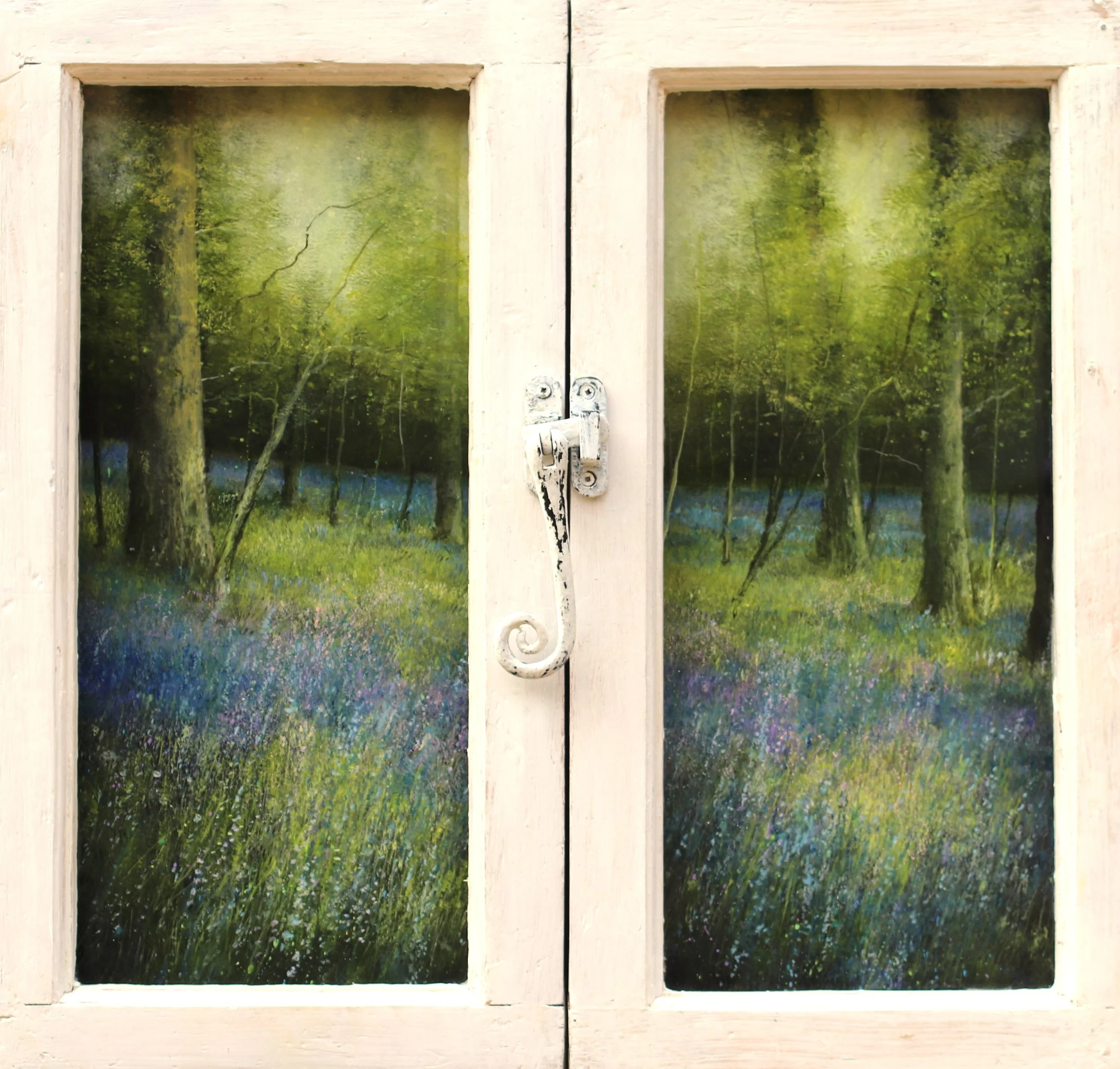 'Waking to the Dawn Chorus' oil on panel in reclaimed window 54cm x 54cm £865.00