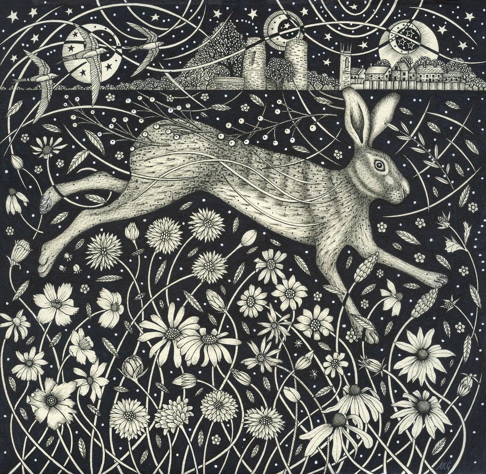 'Hare in the Wildflower Meadow' original pen & ink 30cm x 30cm (38cm x 38cm framed) SOLD