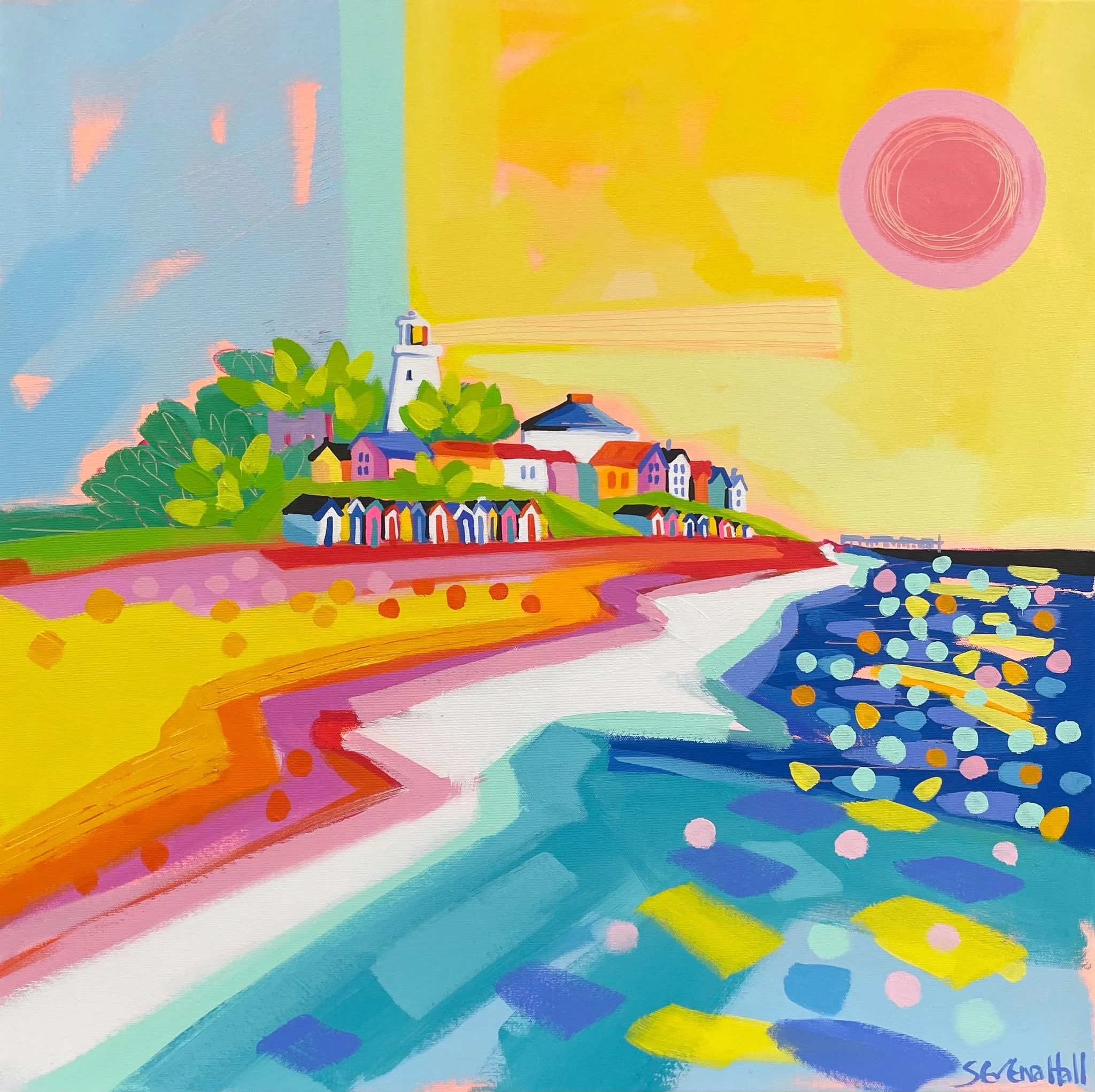 'Coral Sun' acrylic on canvas 65cm x 65cm framed in a white wood tray frame (canvas size 61cm x 61cm) £950.00