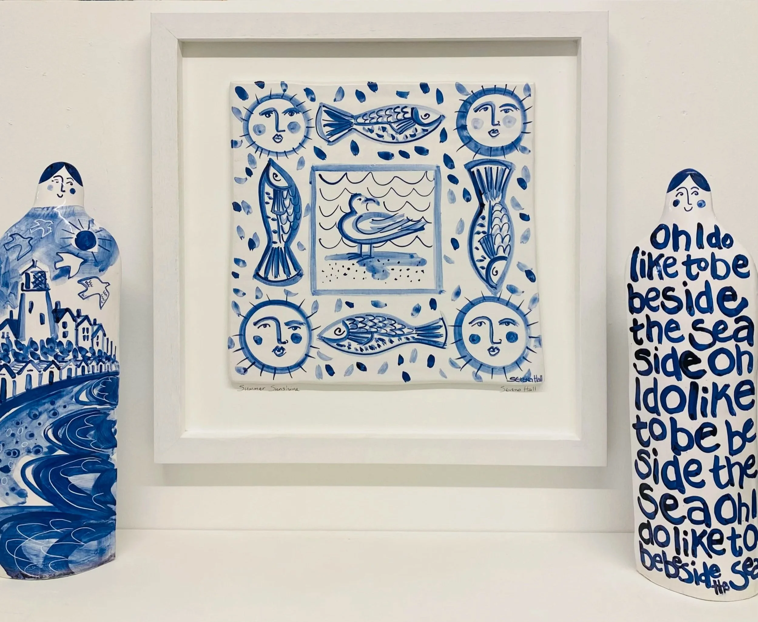 'Summer Sunshine' hand made tin oxide glaze ceramic wall hanging 57cm x 57cm framed SOLD