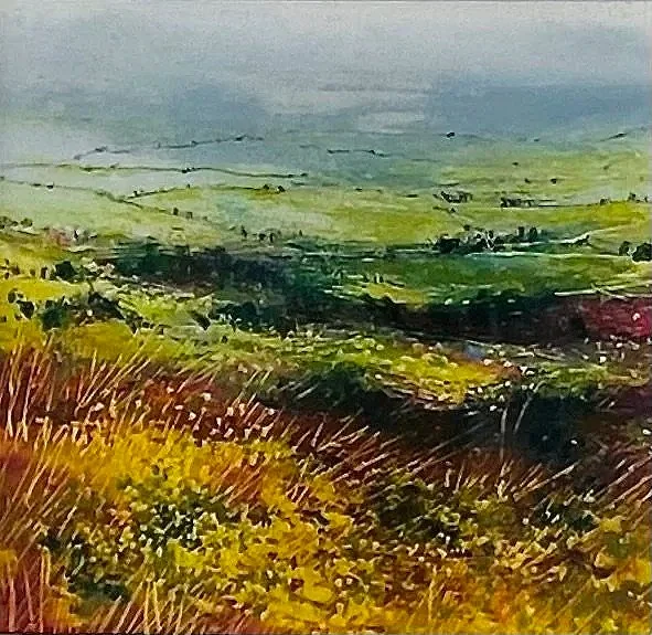 'Over the Fields' oil pastel & pencil 21cm x 21cm framed £96.00