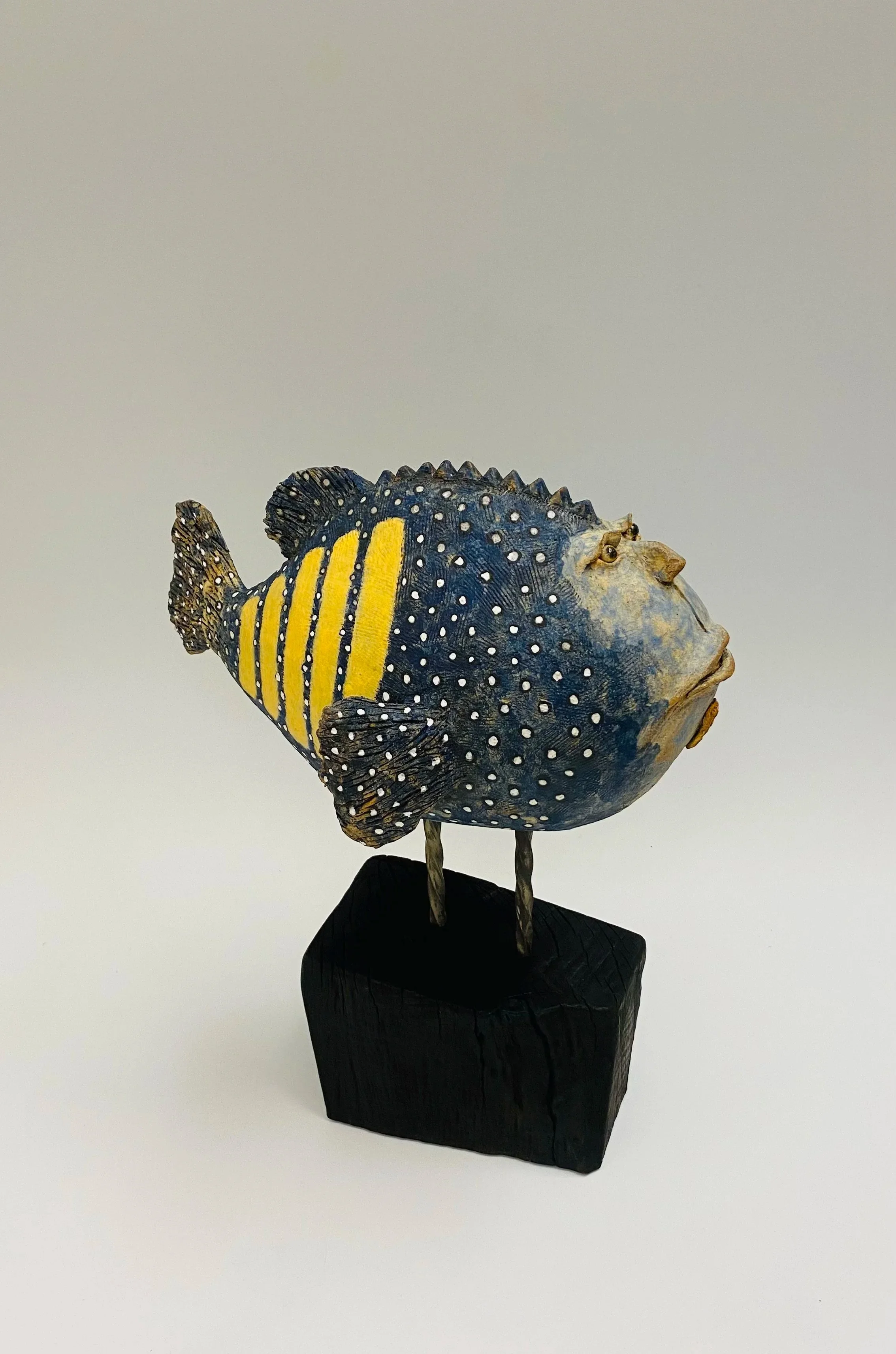 'Blue-Spotted Grouper Fish' JJ Vincent,  handmade ceramic on a wooden plinth SOLD