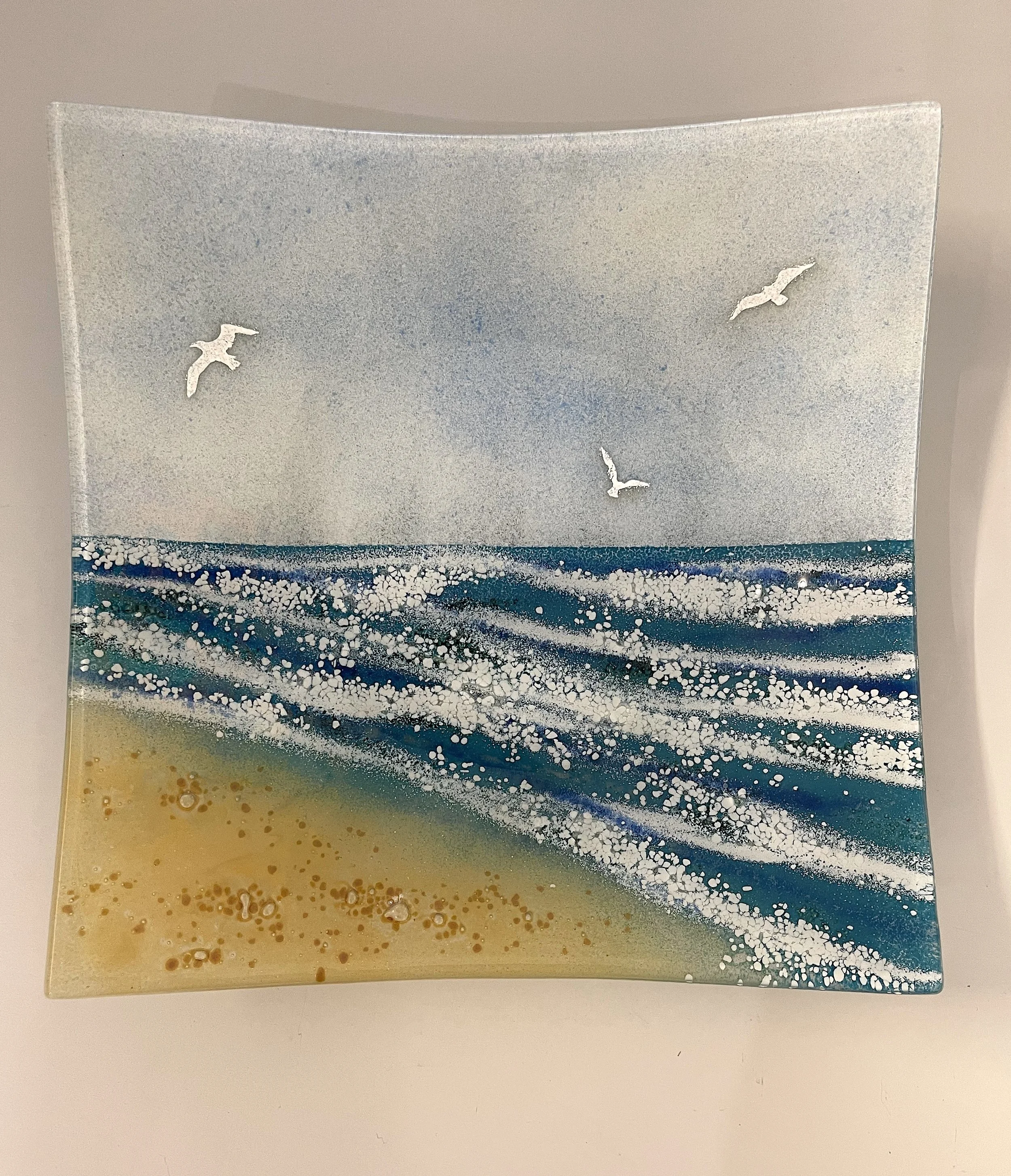 Large fused glass platter, Seagulls Over the Sea 31cm x 31cm £95 