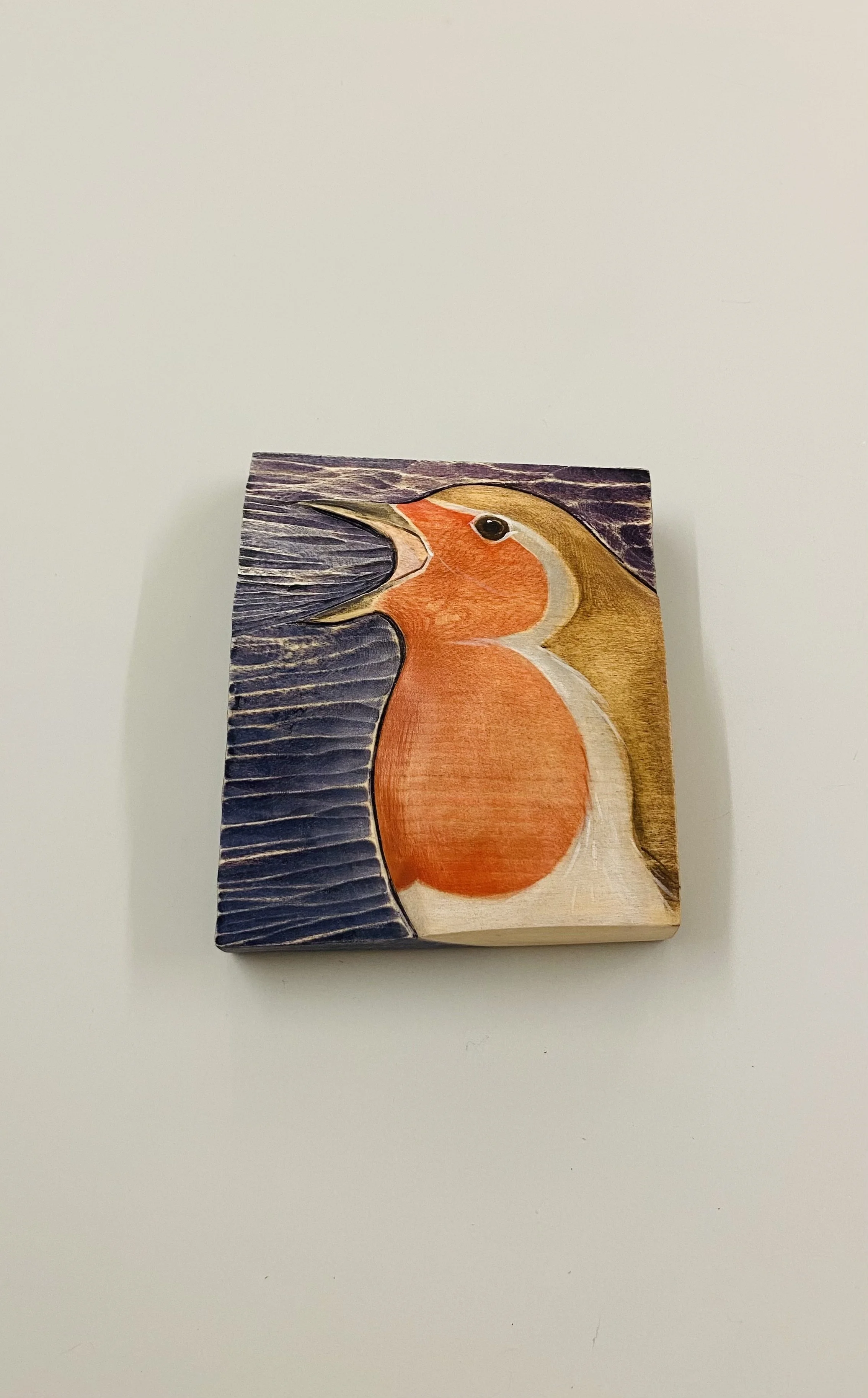 New Robin collection for autumn. 'Robin IV' hand carved & painted English limewood 9.5cm x 12cm x 2cm £89.00 Each carving is titled and carries the artist's mark, ready to hang. 