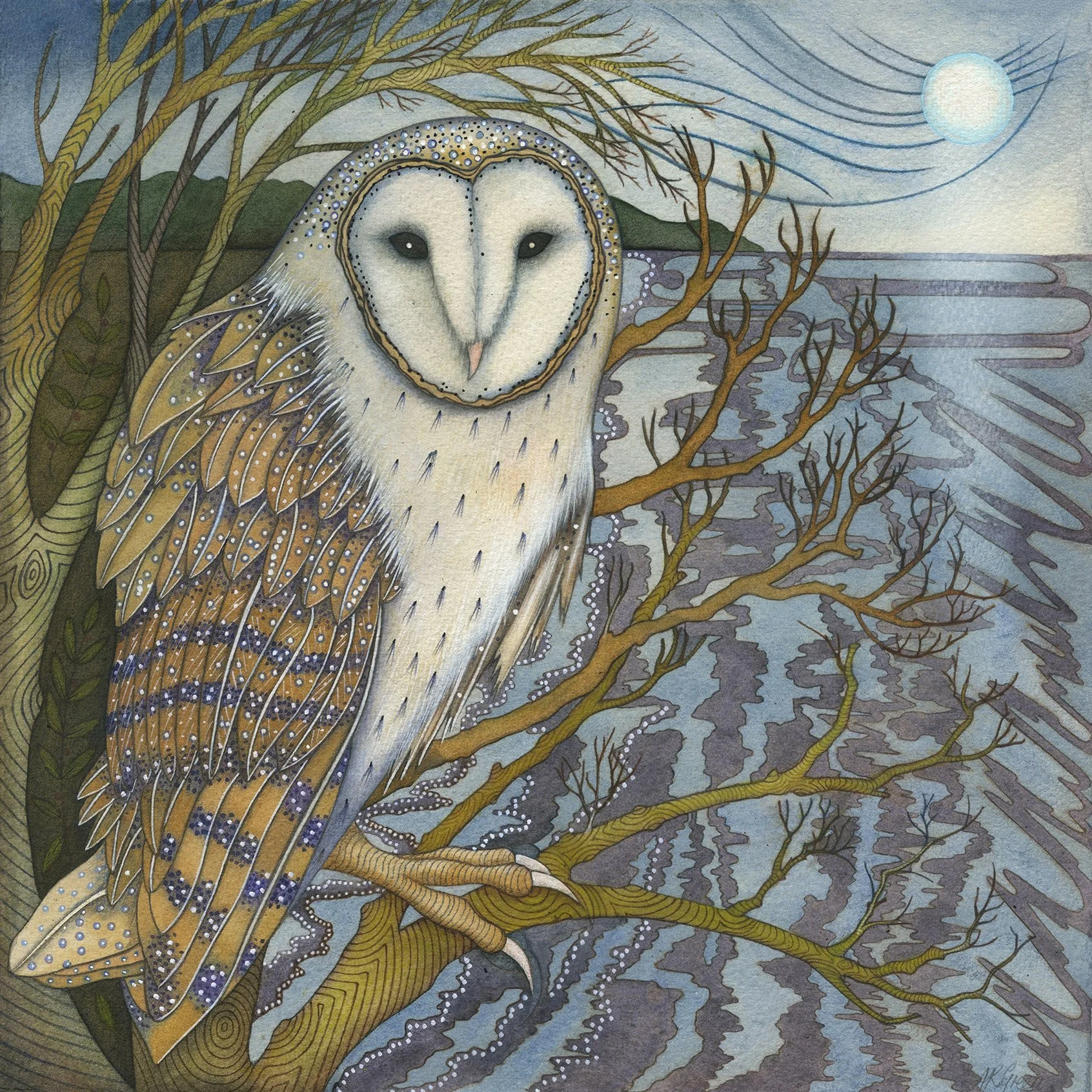 Barn Owl at the Coast, Kate Green, mixed media painting, 38cm x 38cm framed £330.00.jpg