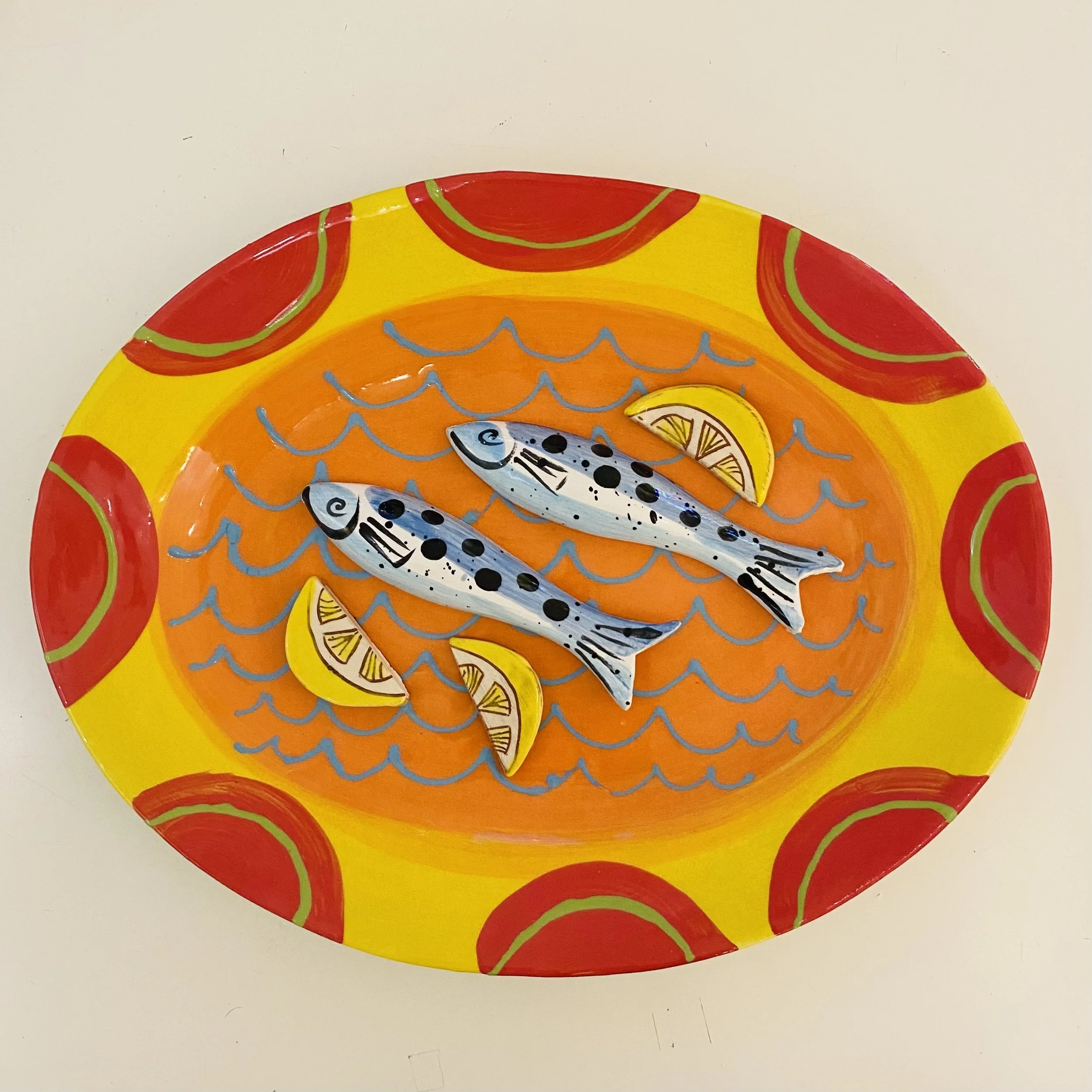 'Fish Platter' hand made ceramic slipware 44cm x 34cm. Can be wall hung £295.00
