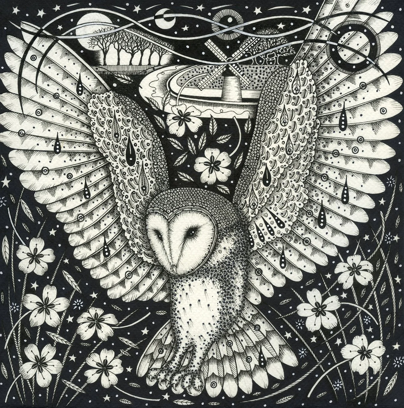 'The Windmill Owl' original pen & ink 22cm x 22cm unframed, 31.5cm x 31.5cm framed in a white wood frame £295