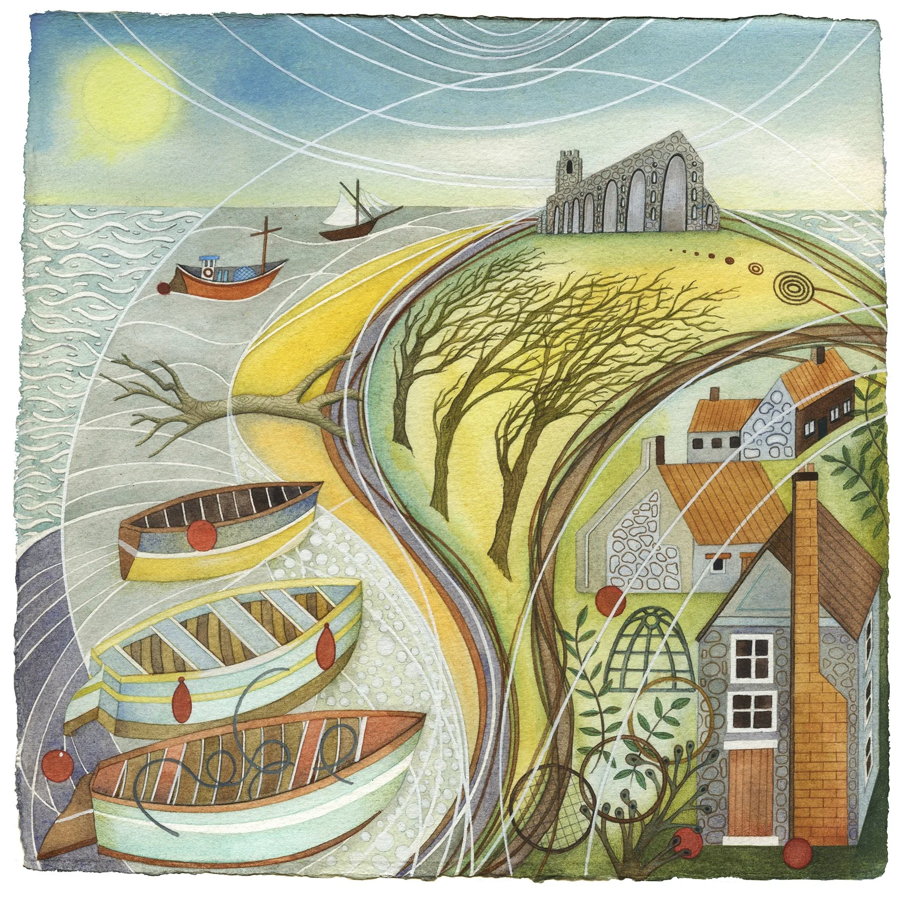 New collection of framed limited edition prints by Norfolk artist Kate Green 'Memories of a Windy Walk to Covehithe' in a white wood frame 36cm x 36cm SOLD