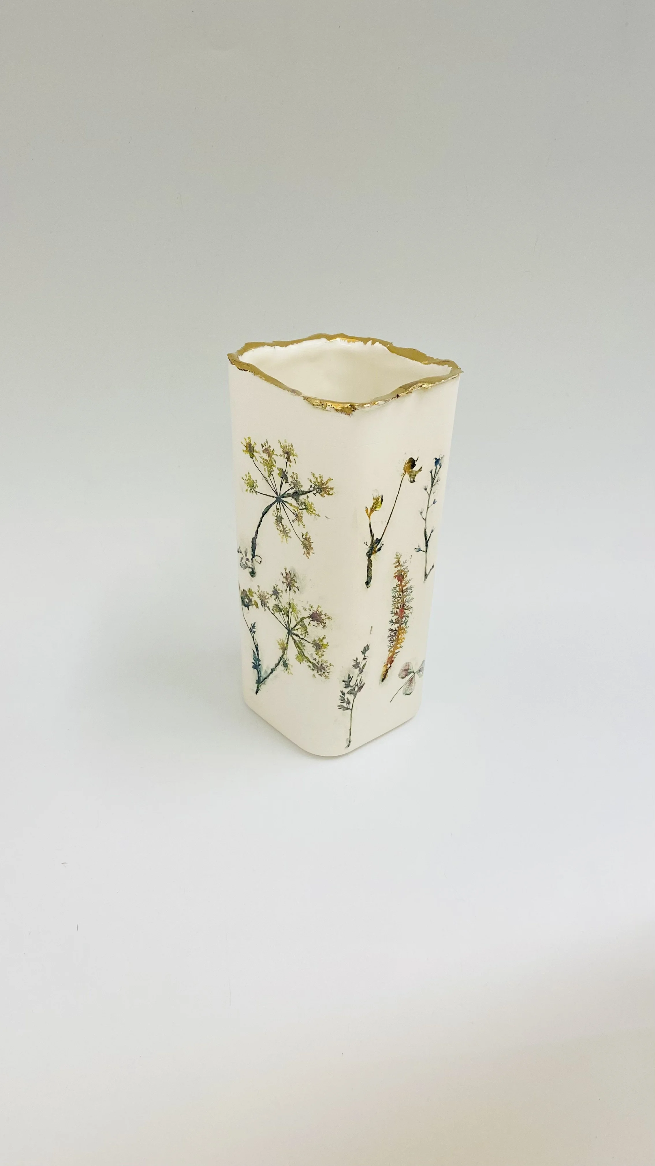 'Southwold to Blythburgh Spring Walk' square base vase, porcelain, gold & intaglio H21cm D11cm SOLD