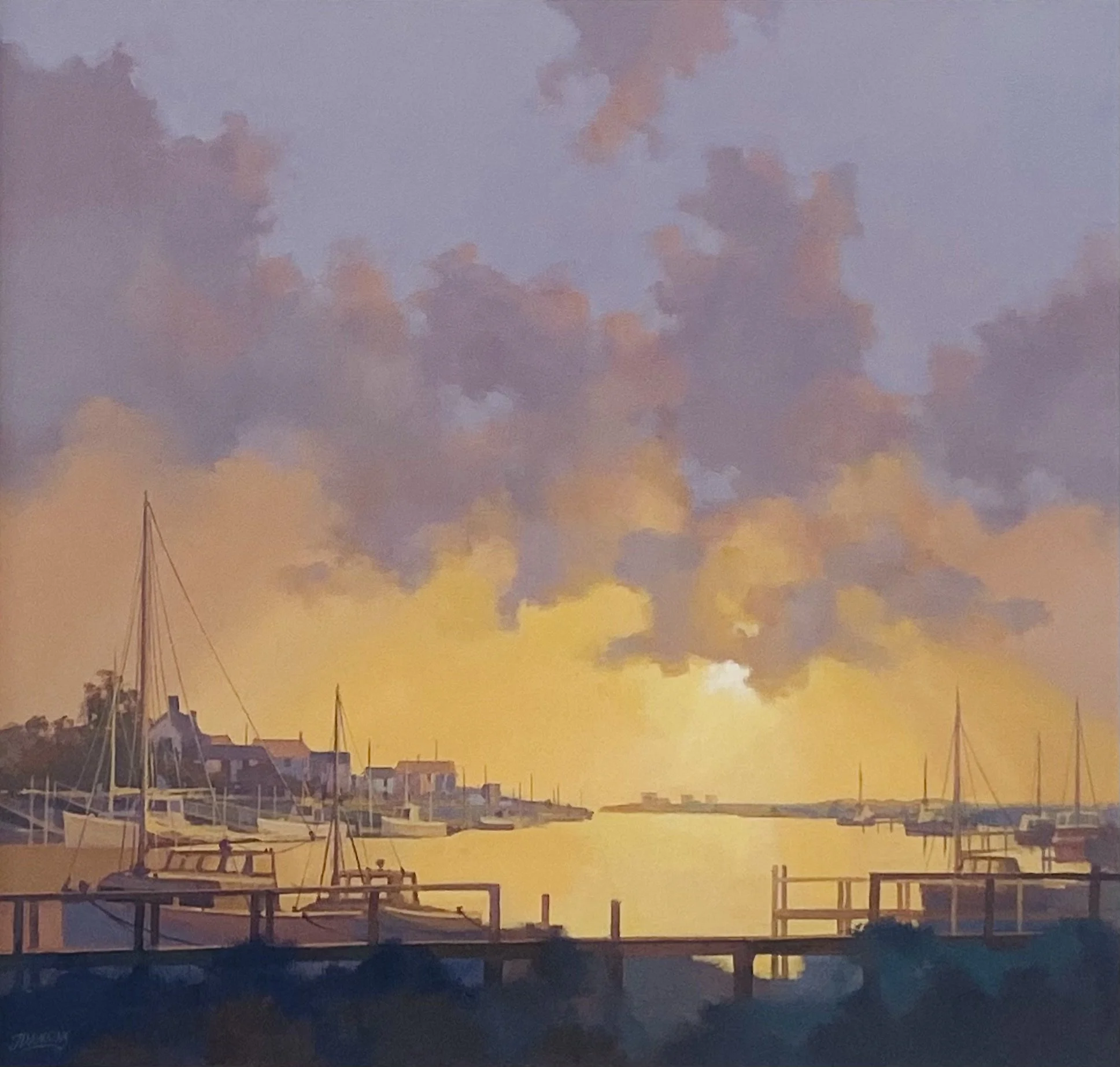 'Sunrise at Southwold Harbour' by local artist John Dawkins. Acrylic on canvas 66cm x 66cm framed £495.00