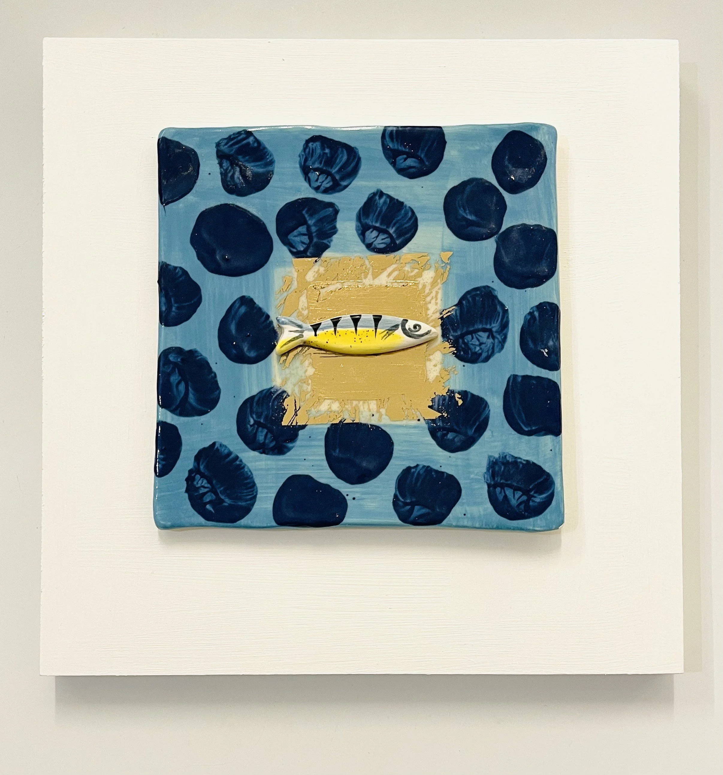 'Happy Little Fish' hand made ceramic wall plaque with gold lustre 30cm x 30cm £195.00