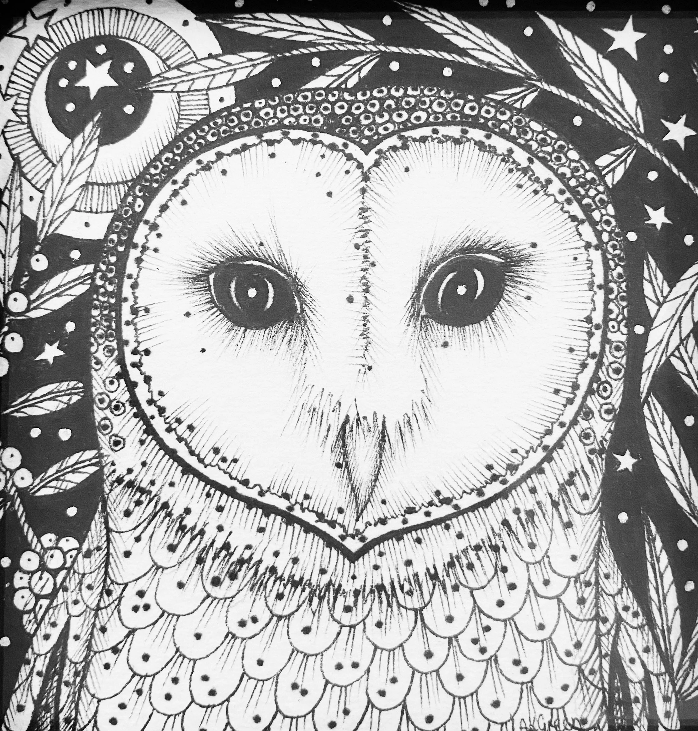 'Owl' original pen & ink 19cm x 19cm framed SOLD