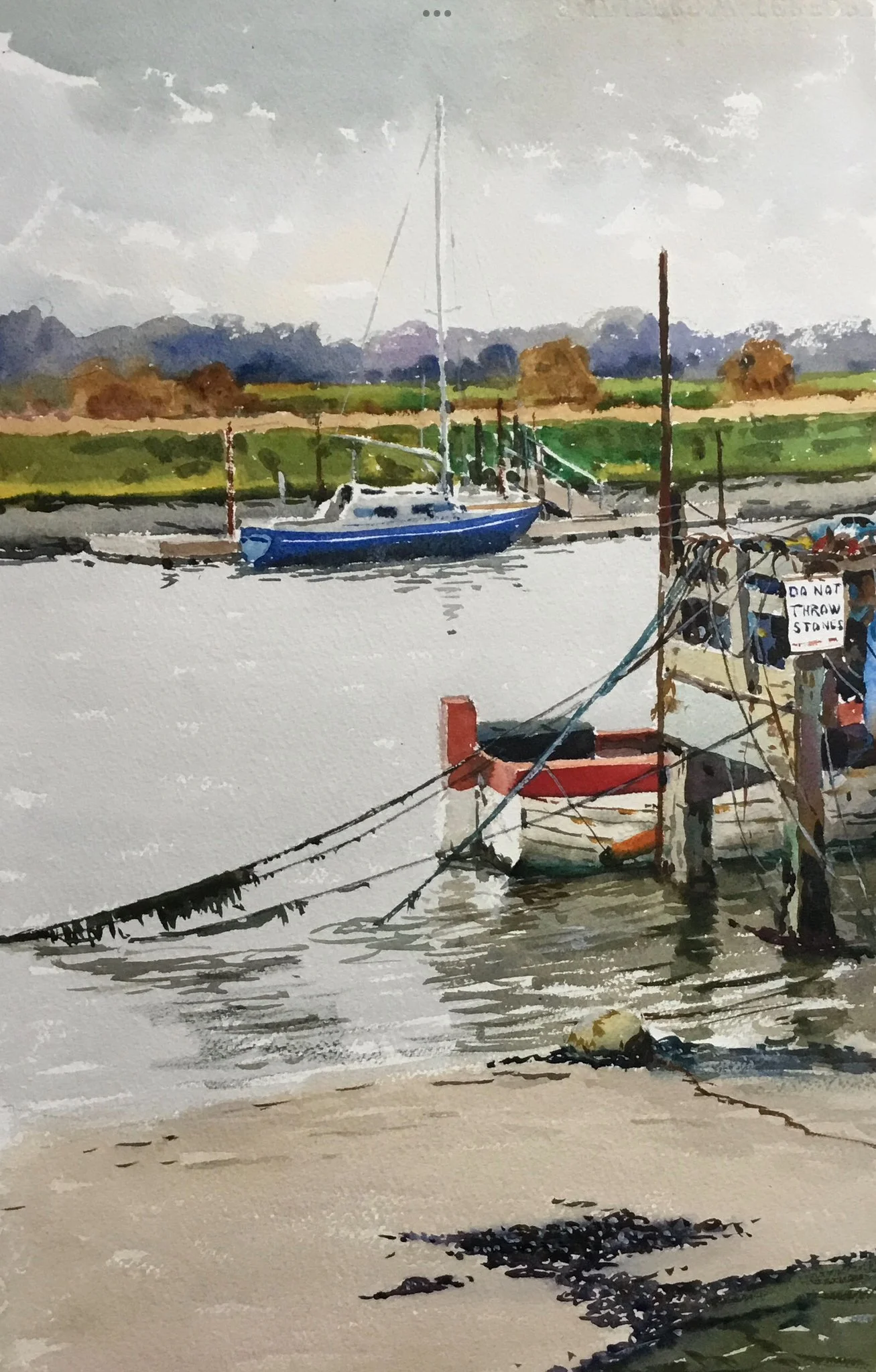 'Autumn on the River Blyth (Do Not Throw Stones)' watercolour 53cm x 73cm framed SOLD