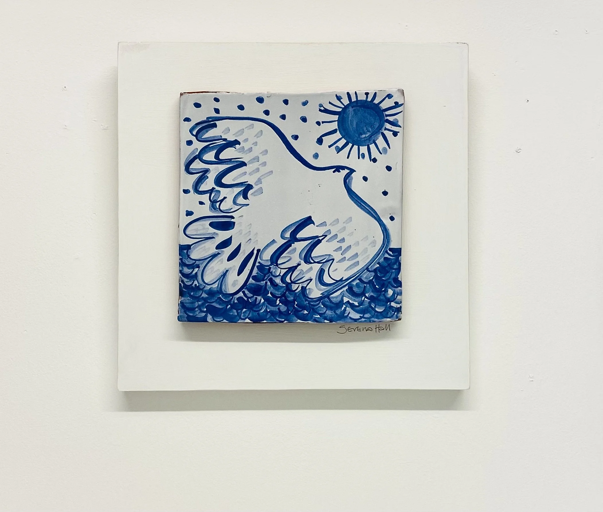 'Sea Bird 1' hand made tin oxide glaze ceramic wall plaque 30cm x 30cm 
