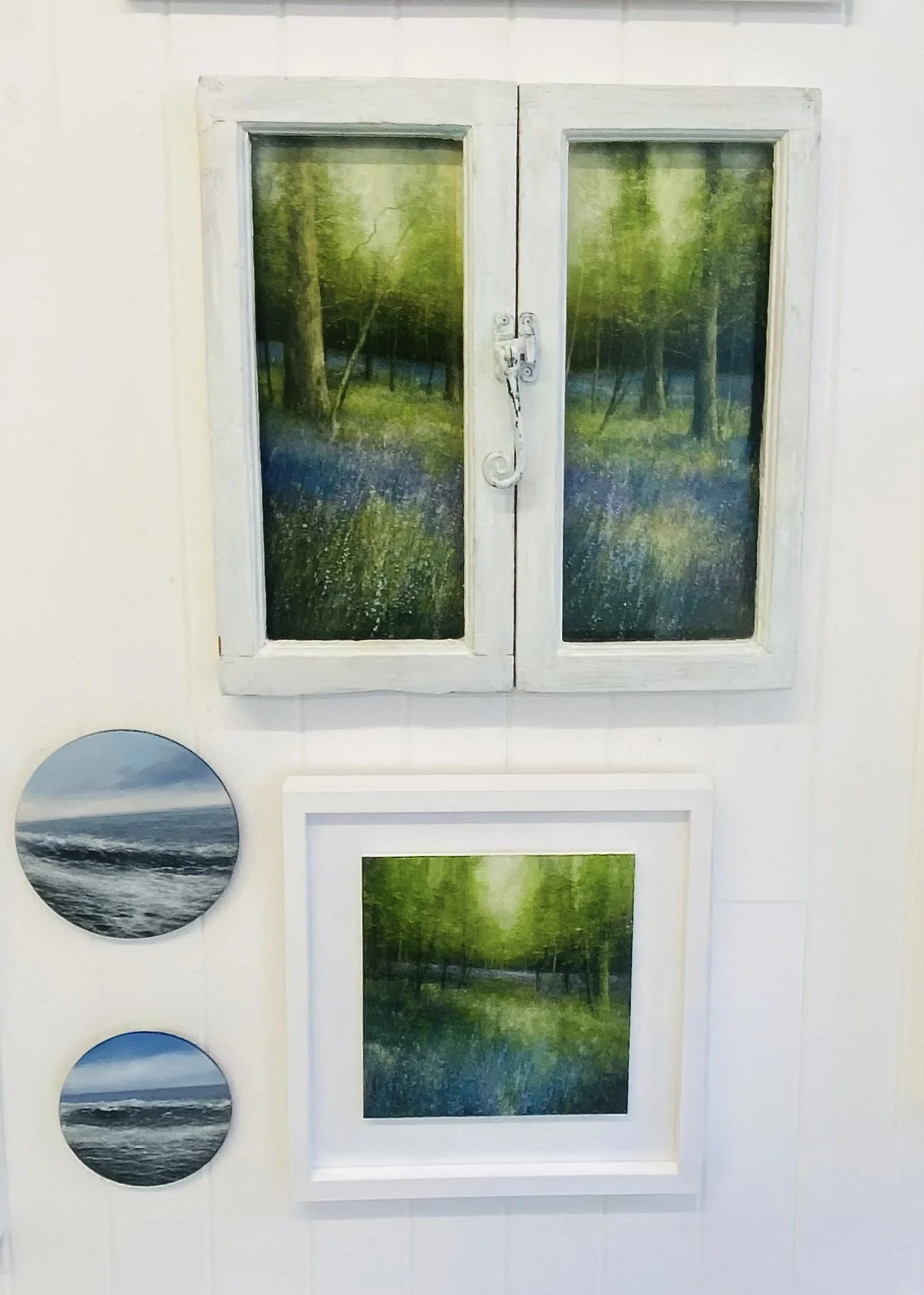 New work from Norfolk artist Garry Pereira. Shown here - top: 'Waking to the Dawn Chorus' oil on panel in an original window 52cm x 55cm x 5cm £1,145.00, left: 'The Early Hours' oil on panel D21cm £375.00, 'Smooth to Moderate' oil on panel D17cm £320