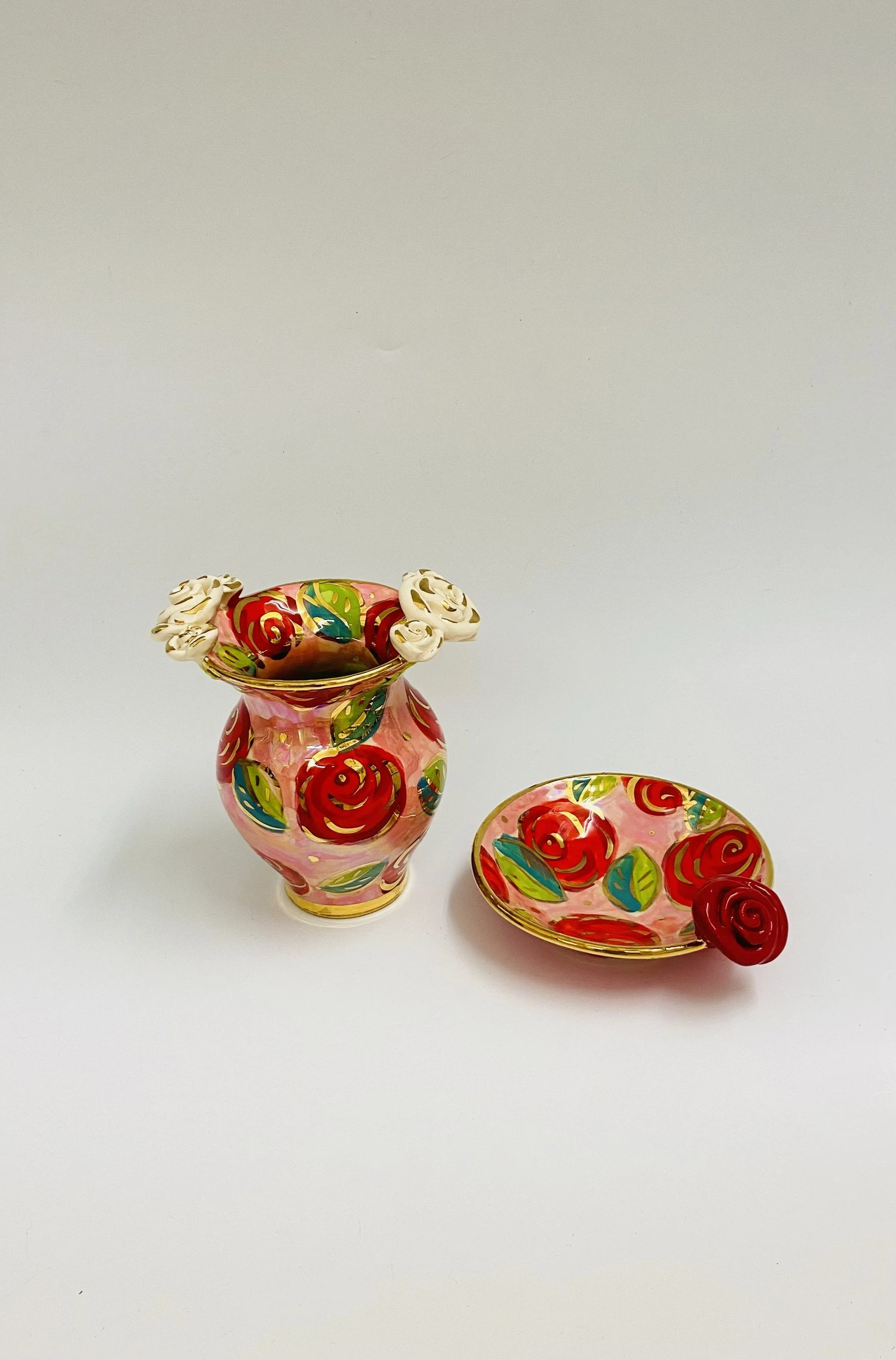 Rose encrusted posy vase £135.00 and saucer £92.00