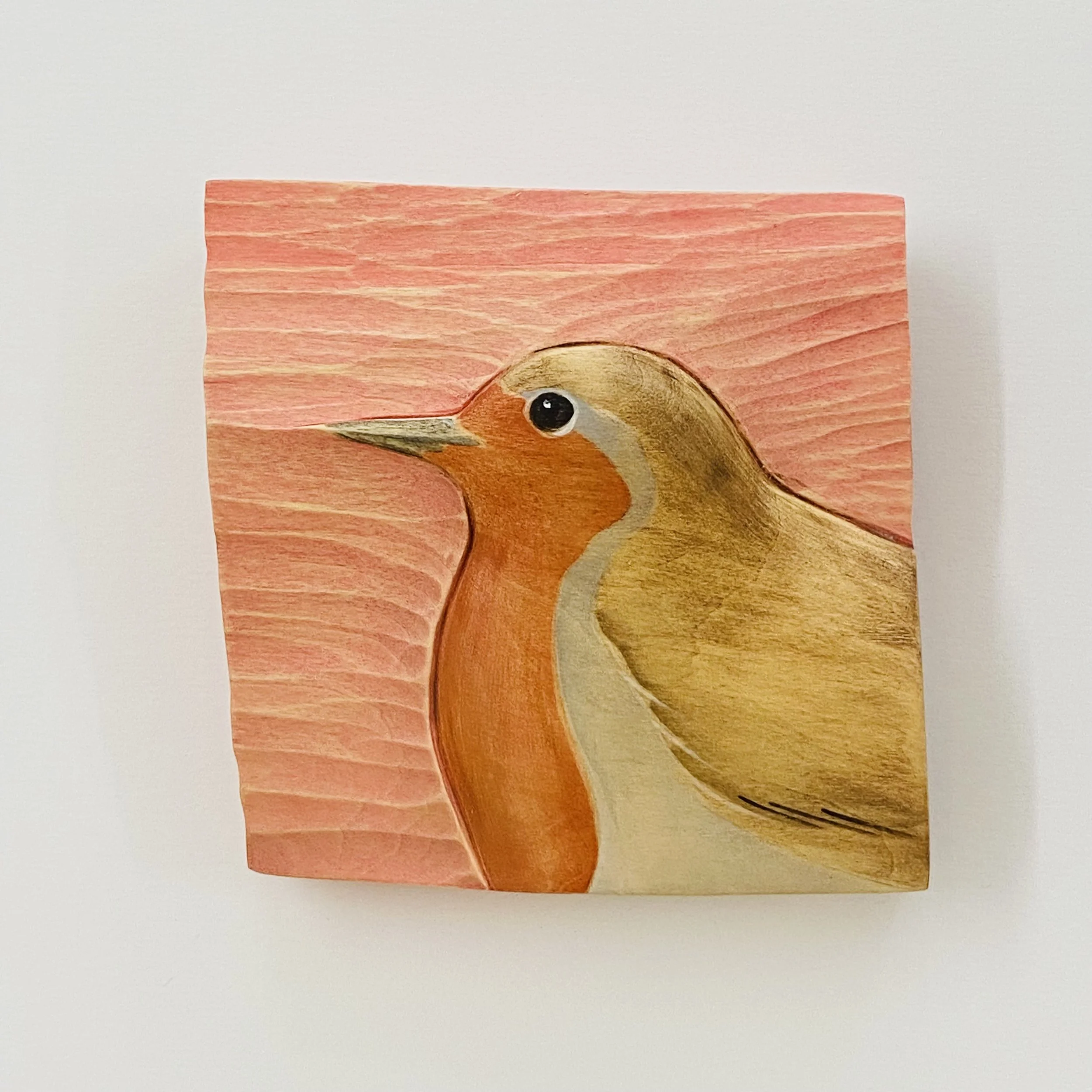 We are pleased to have a beautiful set of Kathryn O'Kell's hand carved wood & painted Robins for Christmas. 'Pink Robin II' 10cm x 9.5cm x 2cm. With wall hanging SOLD