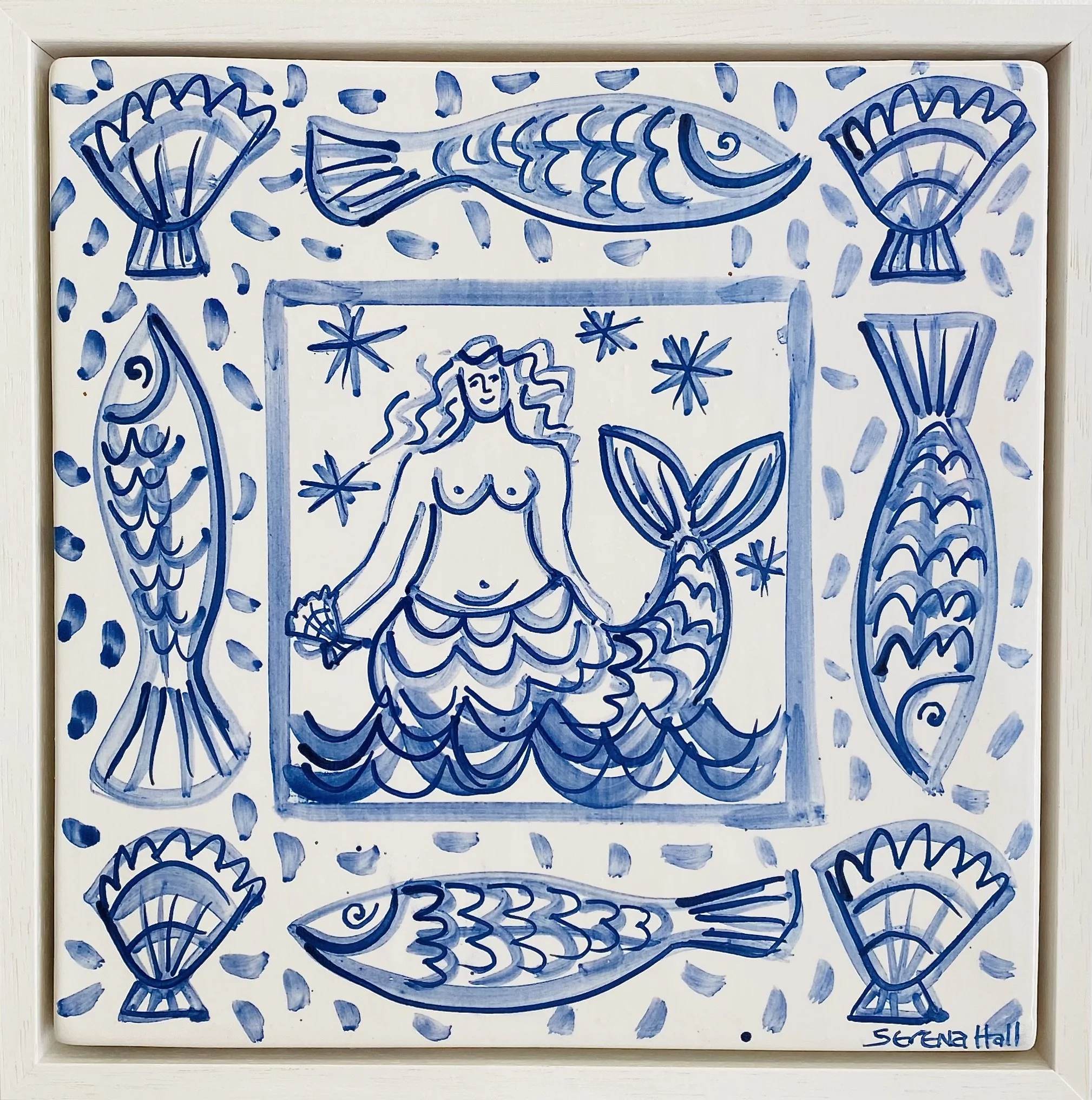 'Mermaid' handmade tin oxide glaze wall hanging 34cm x 34cm framed £295