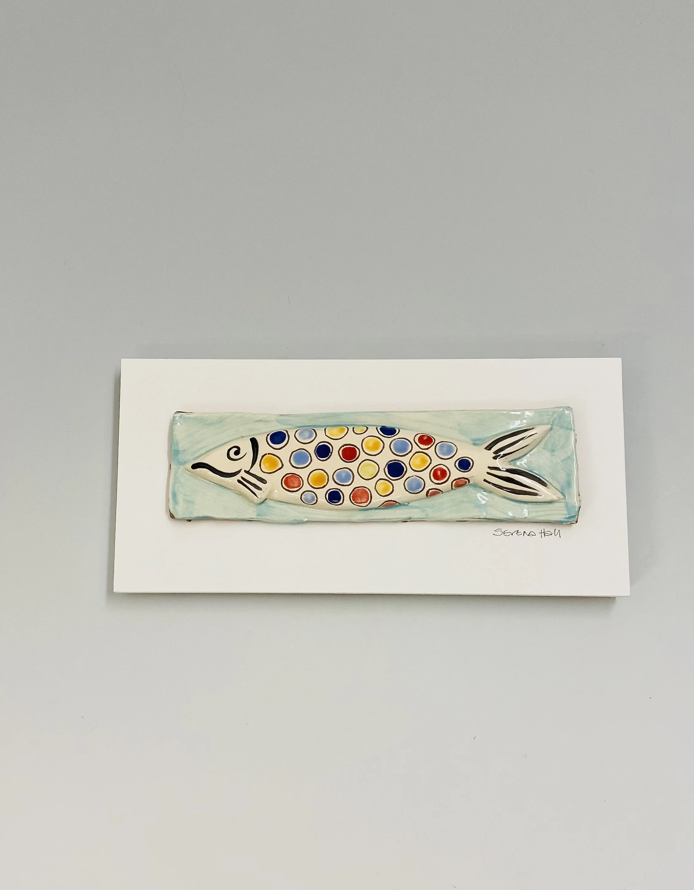 'Happy Fish' handmade tin oxide glazed earthenware wall plaque 34cm x 16cm x 4cm. Ready to hang £75.00