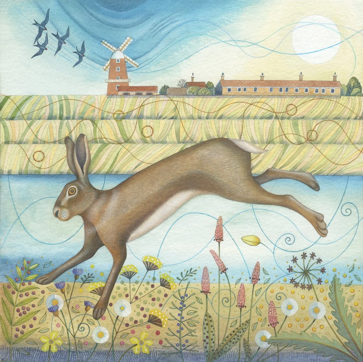 Framed limited edition giclee prints by Norfolk artist Kate Green 'Hare in the Reeds' 35cm x 35cm SOLD