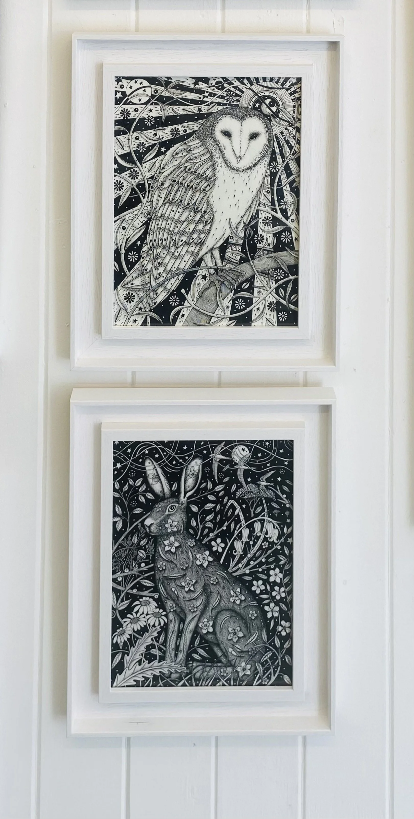 Original pen & ink on paper by Norfolk artist Kate Green 'Last Rays of the Sun' 22cm x 30cm framed £295 and 'The Hedgrerow Hare' 22cm x 30cm framed £325