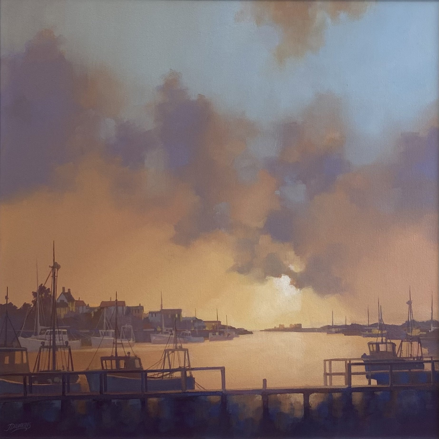 'Sunrise Over the River Blyth', John Dawkins, acrylic on canvas 66cm x 66cm framed £495.00