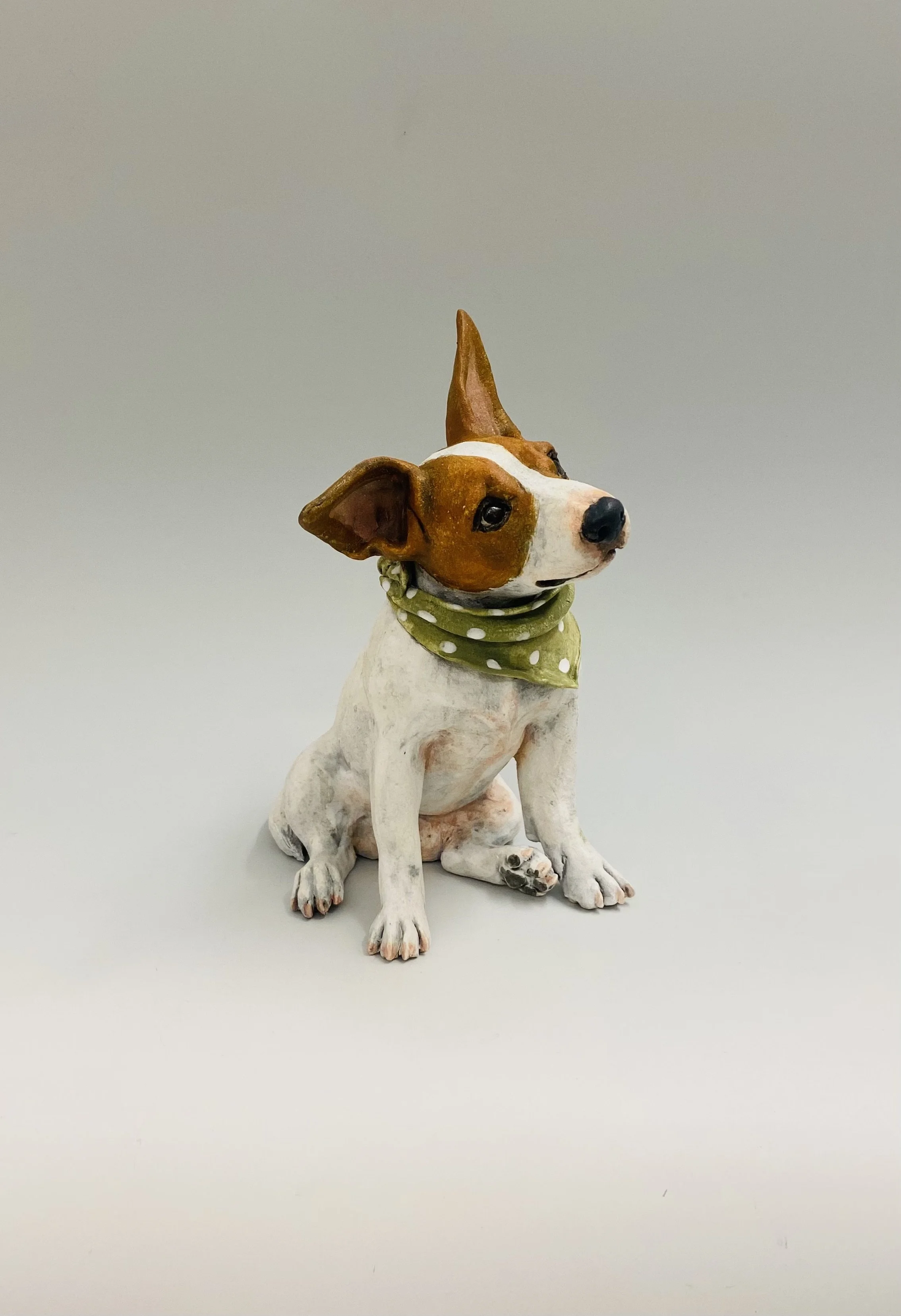 Jack Russell in Scarf, handmade ceramic L20cm H26cm W12cm SOLD