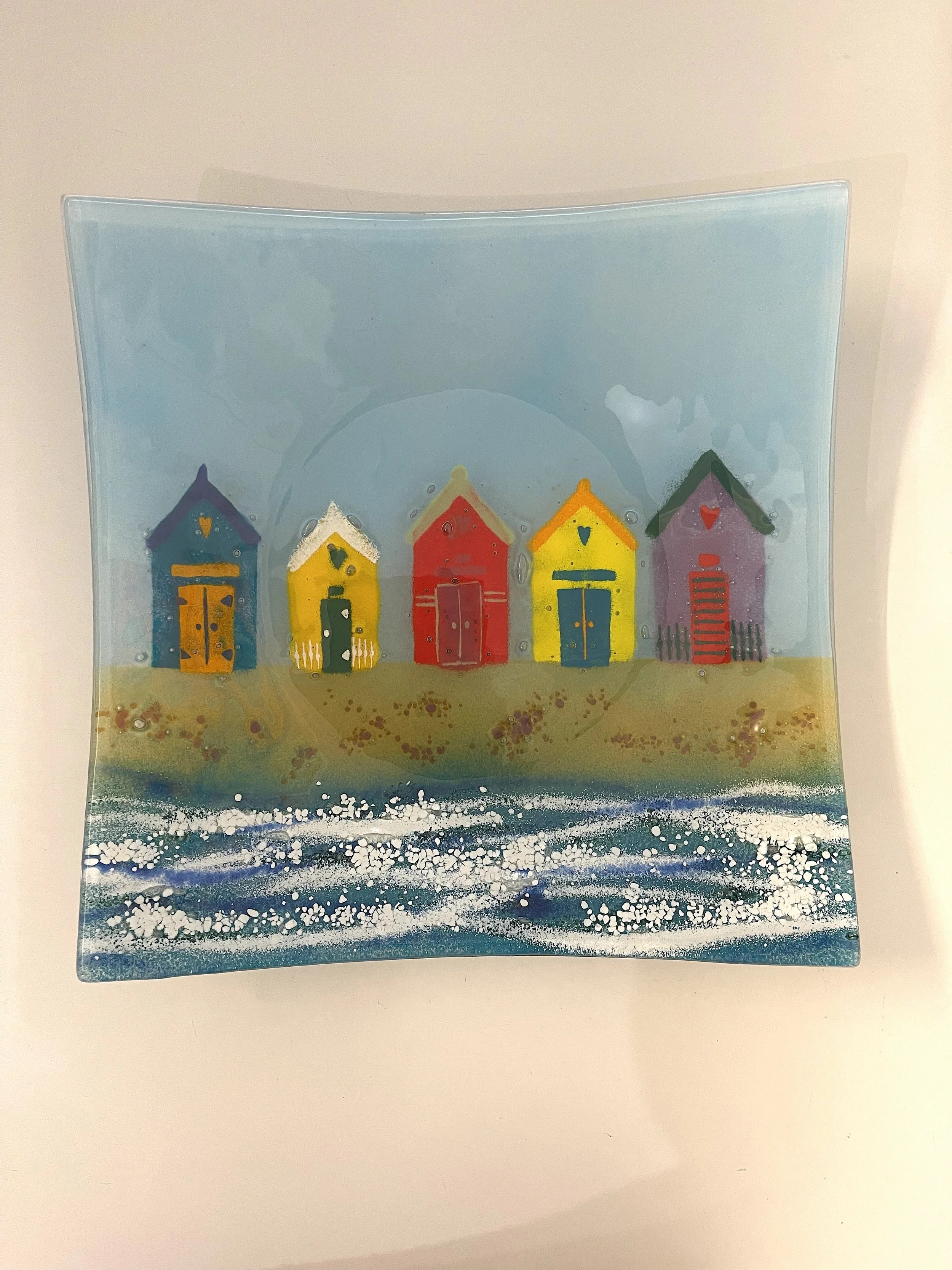 Large fused glass Beach Hut platter 31cm x 31cm £95