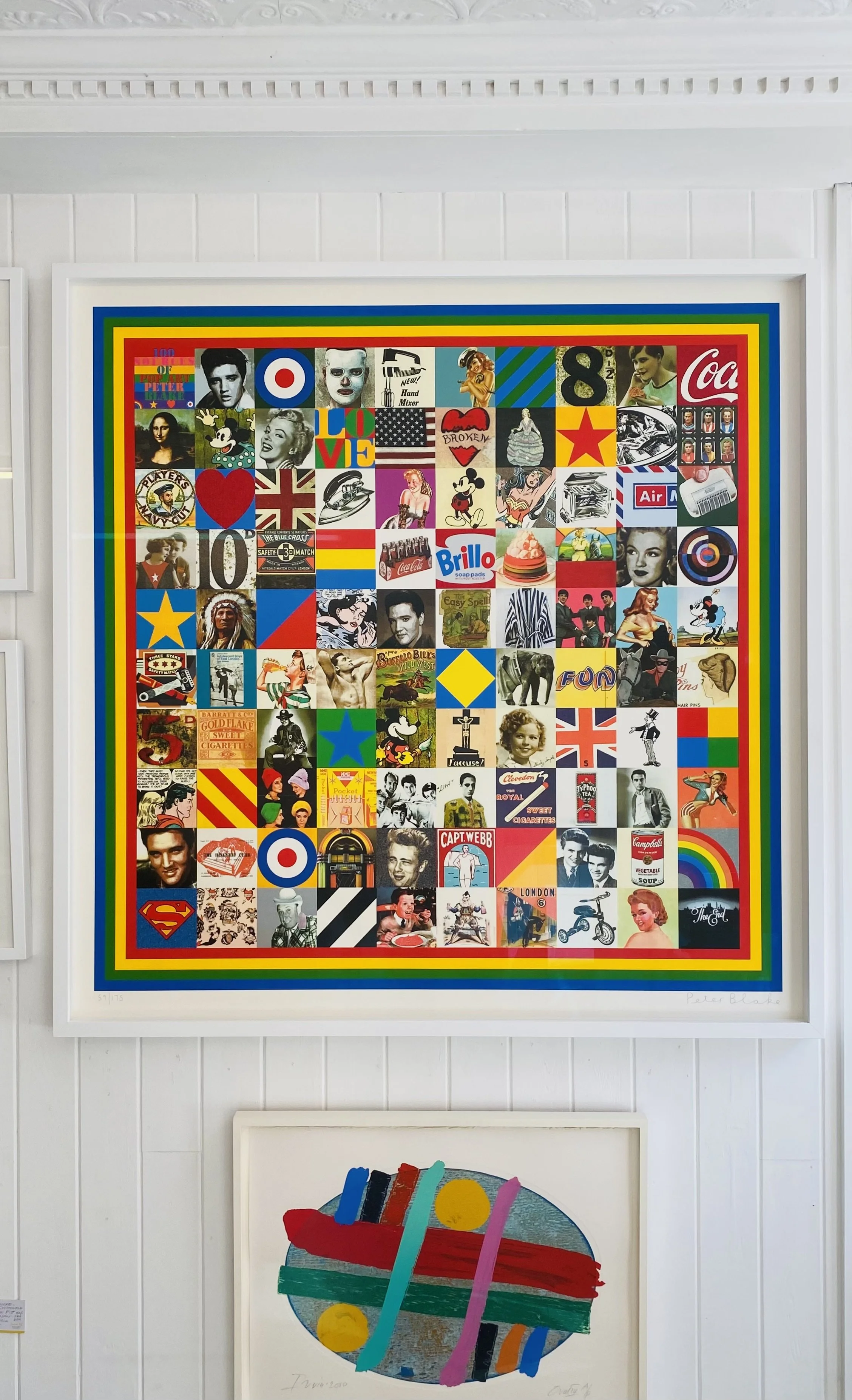 '100 Sources Of Pop Art' Sir Peter Blake CBE RDI  RA. 24 colour screen print with diamond dust, red glitter & glazes on woven paper, signed & numbered edition print of 175. 101cm x 106cm x 6cm framed. In June we celebrate the birthday of the legendar