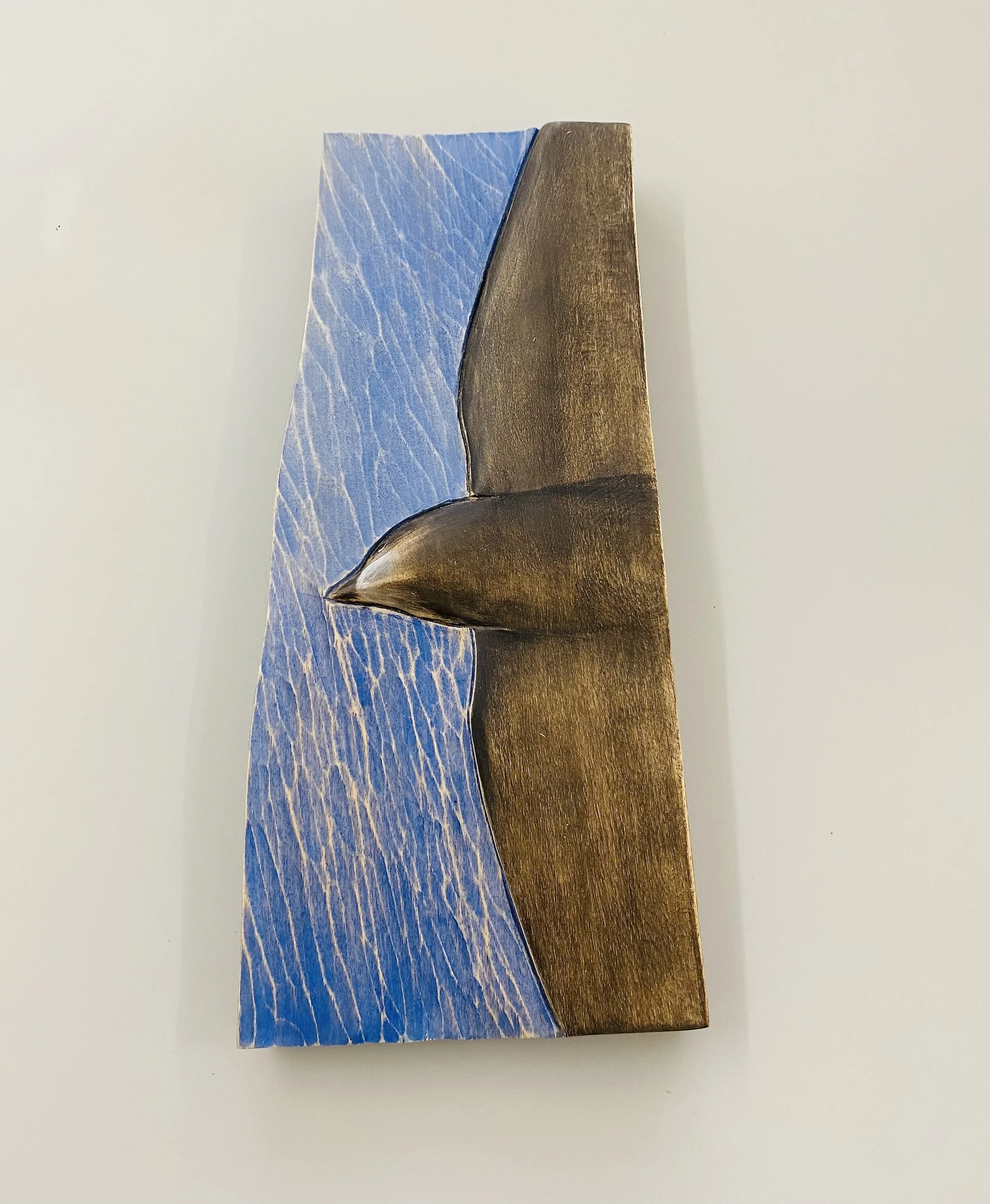 'Swift's Arrival' hand carved & painted limewood 22cm x 10cm x 2.5cm available, please enquire