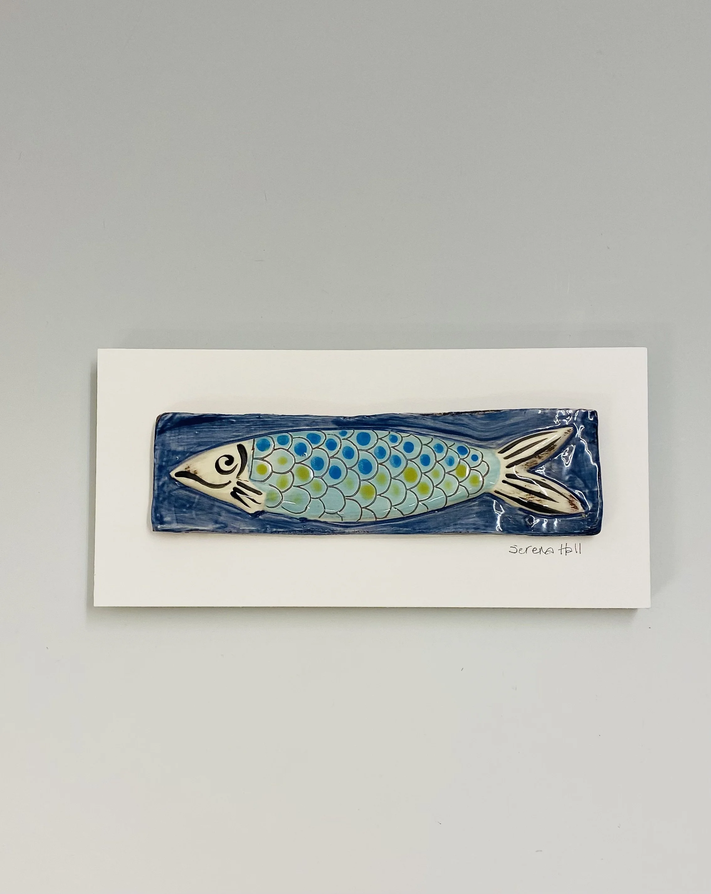 'Happy Fish' handmade tin oxide glazed earthenware wall plaque 34cm x 16cm x 4cm. Ready to hang £75.00