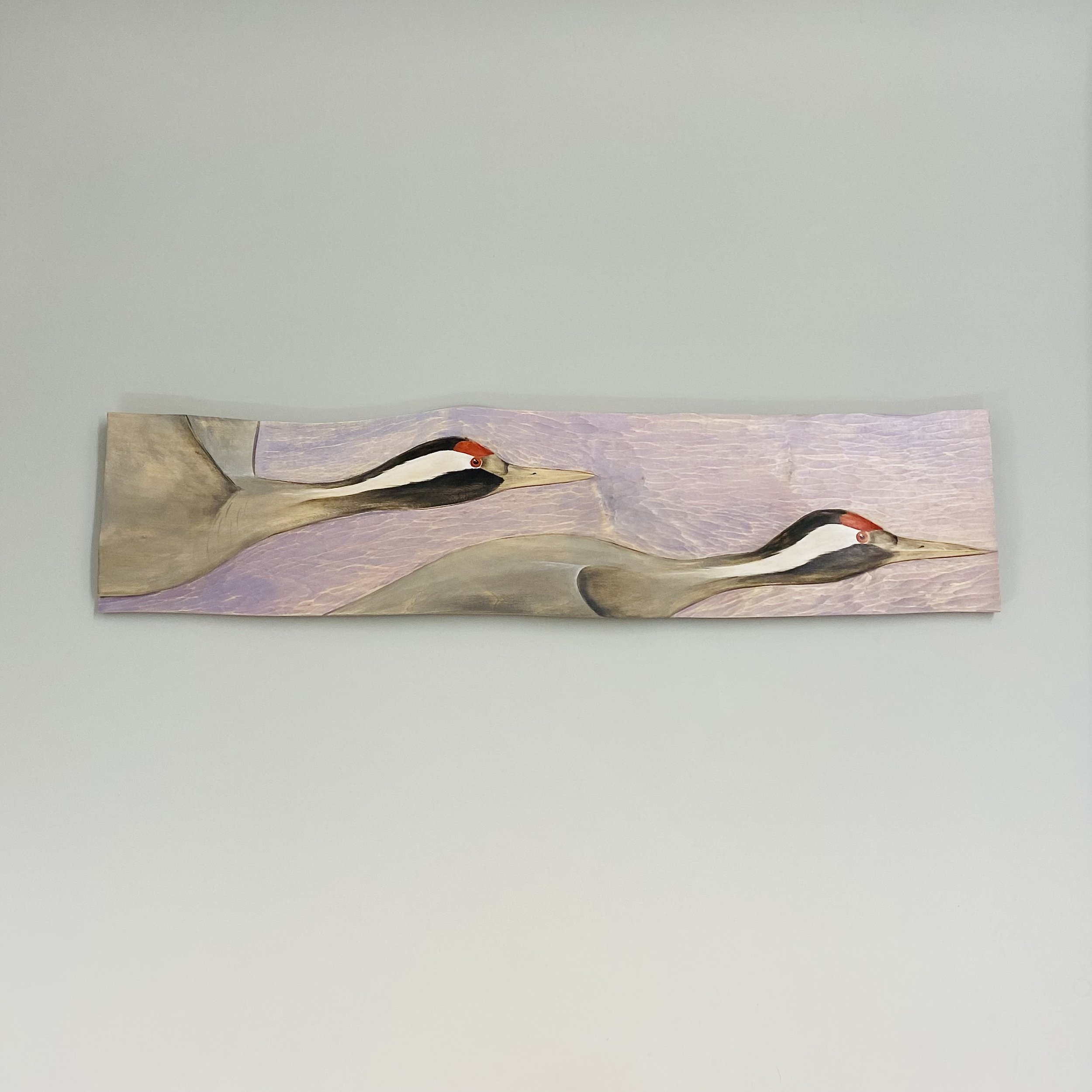 'Cranes in Flight' hand carved & painted limewood 72cm x 17cm x 2cm £620.00