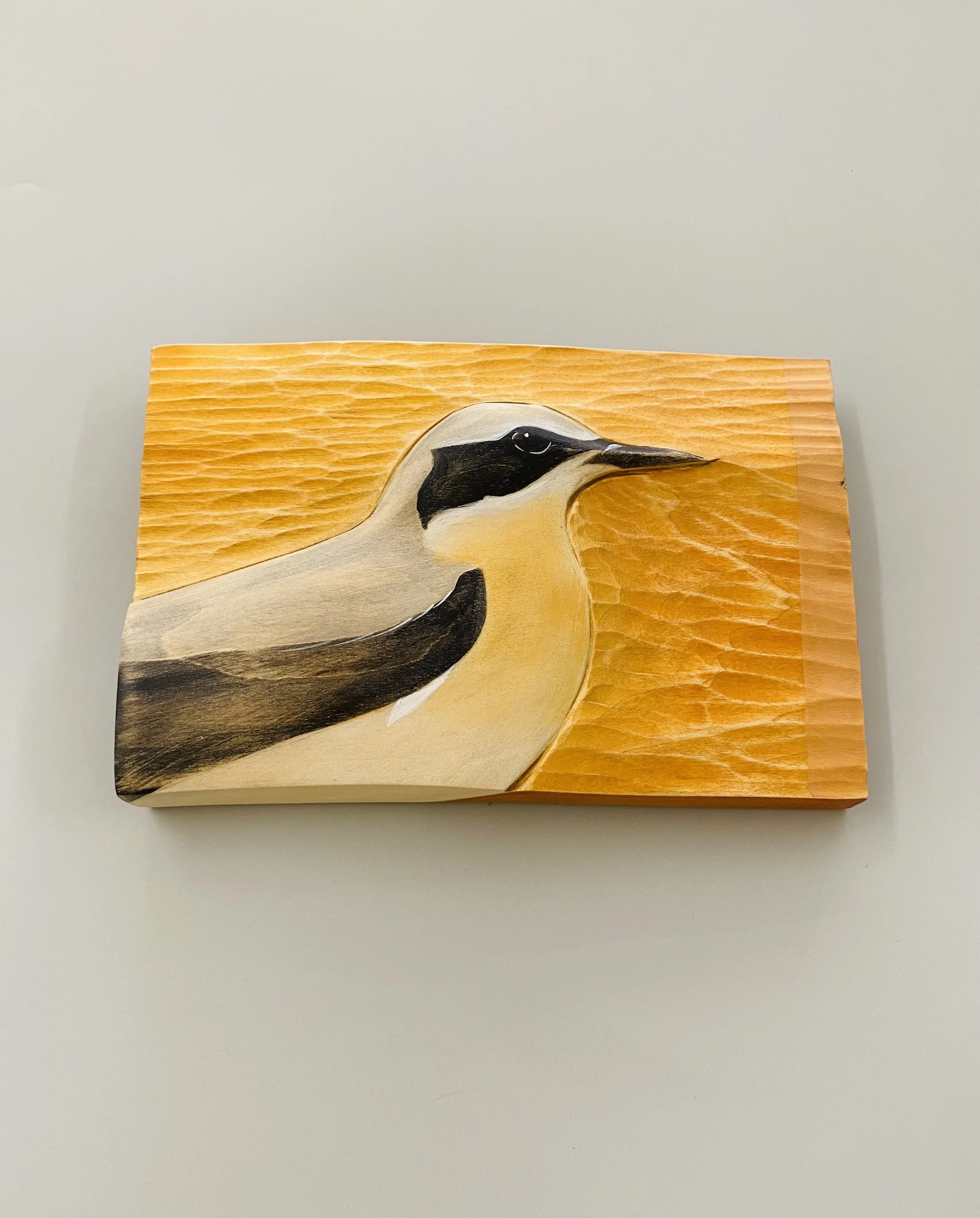 'Wheatear' hand carved & painted limewood 16cm x 10cm x 2cm available, please enquire