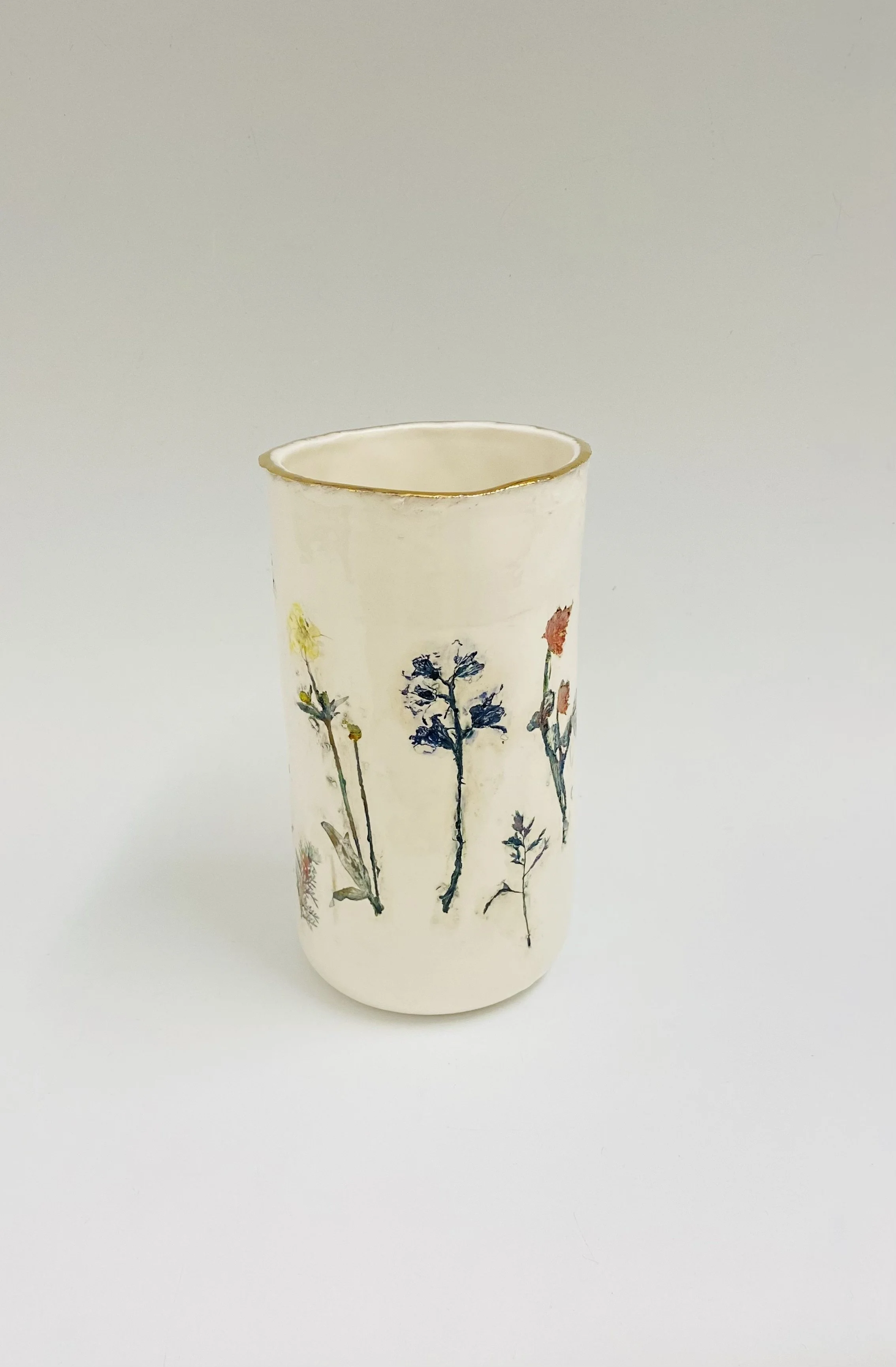 'St. Andrew's Church Covehithe' round vase, porcelain, gold & intaglio H18.5cm D10cm £180.00