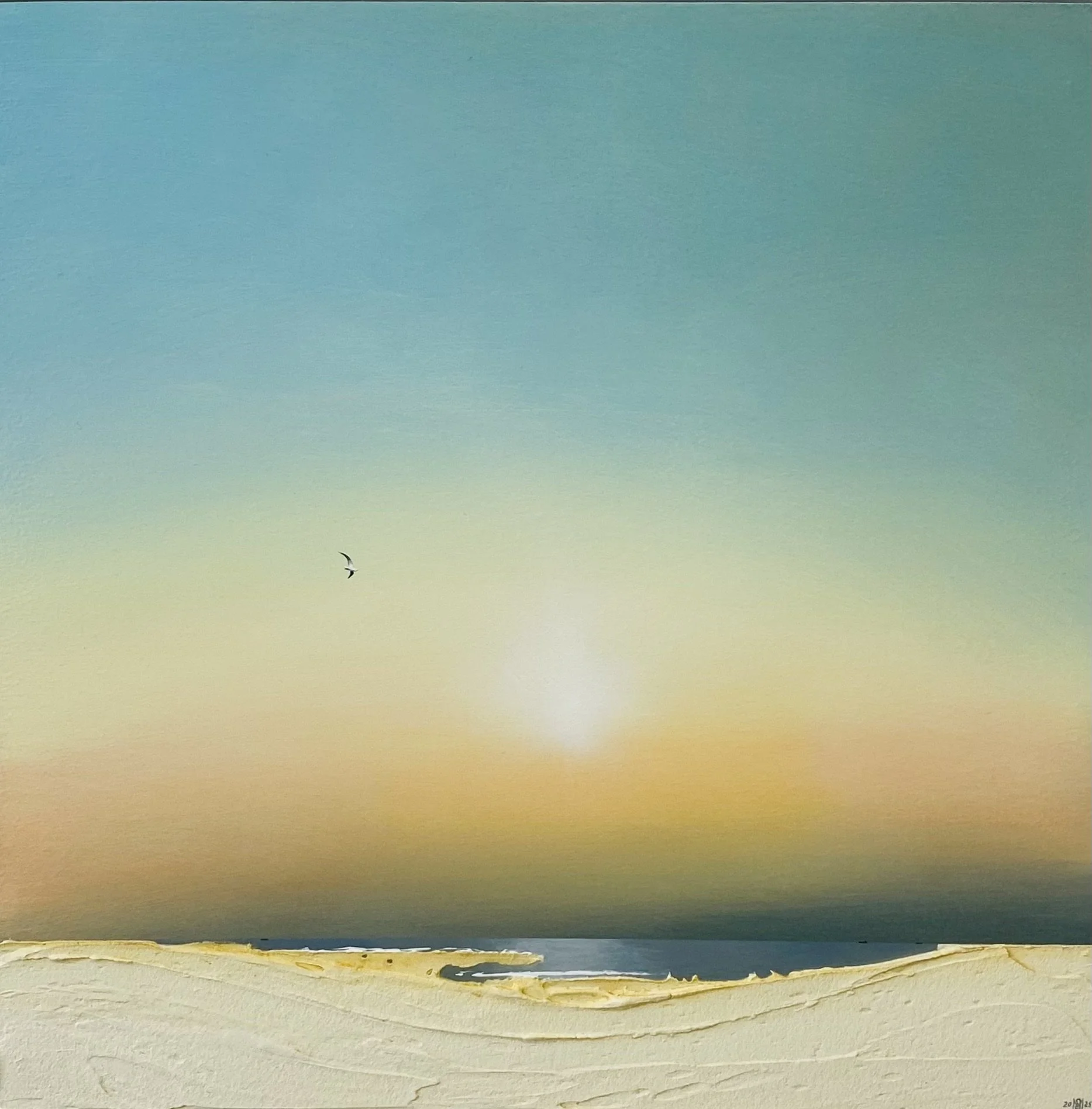 'Flat Clear Sea But Lots Of Jellies (18/8/24)' acrylic on board 44cm x 44cm framed £595