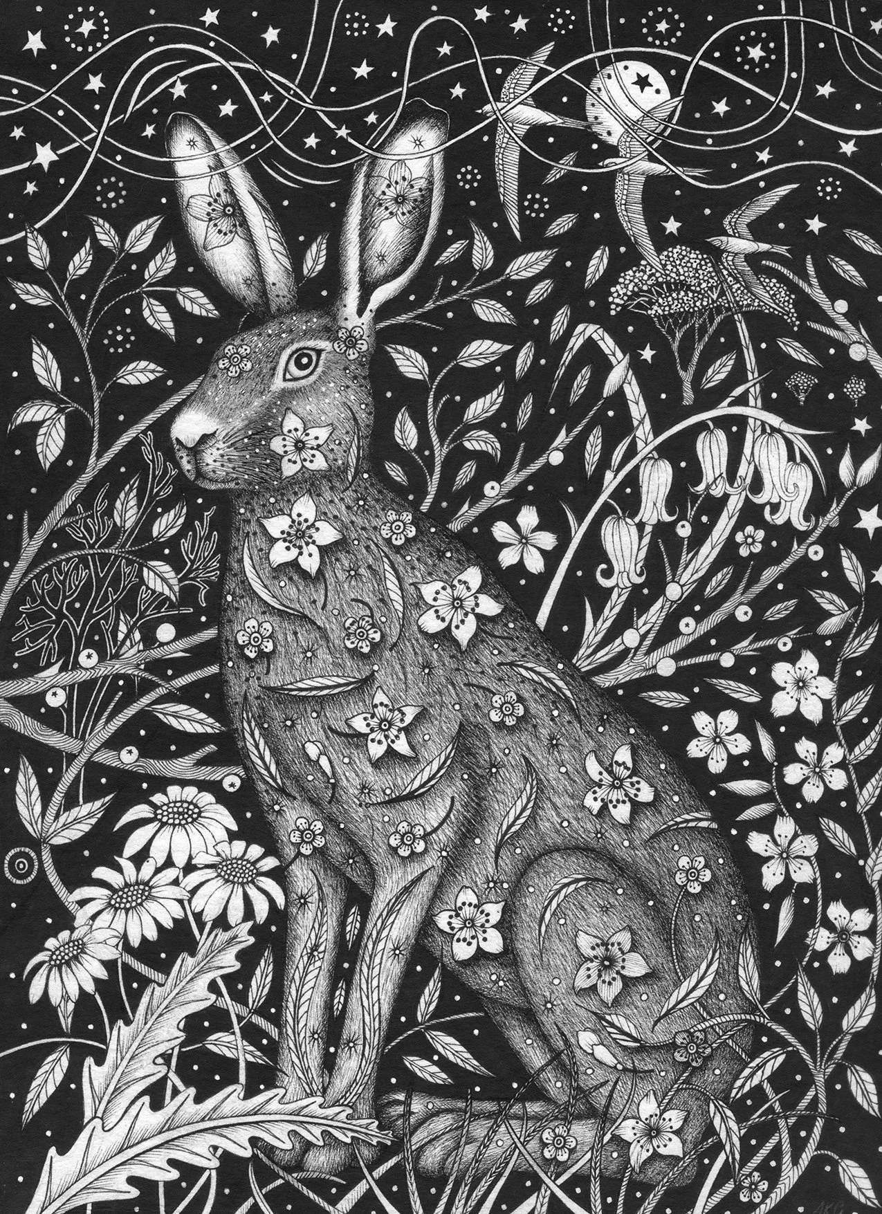 'The Hedgerow Hare' original pen & ink 22cm x 30cm (31cm x 38.5cm framed) £295