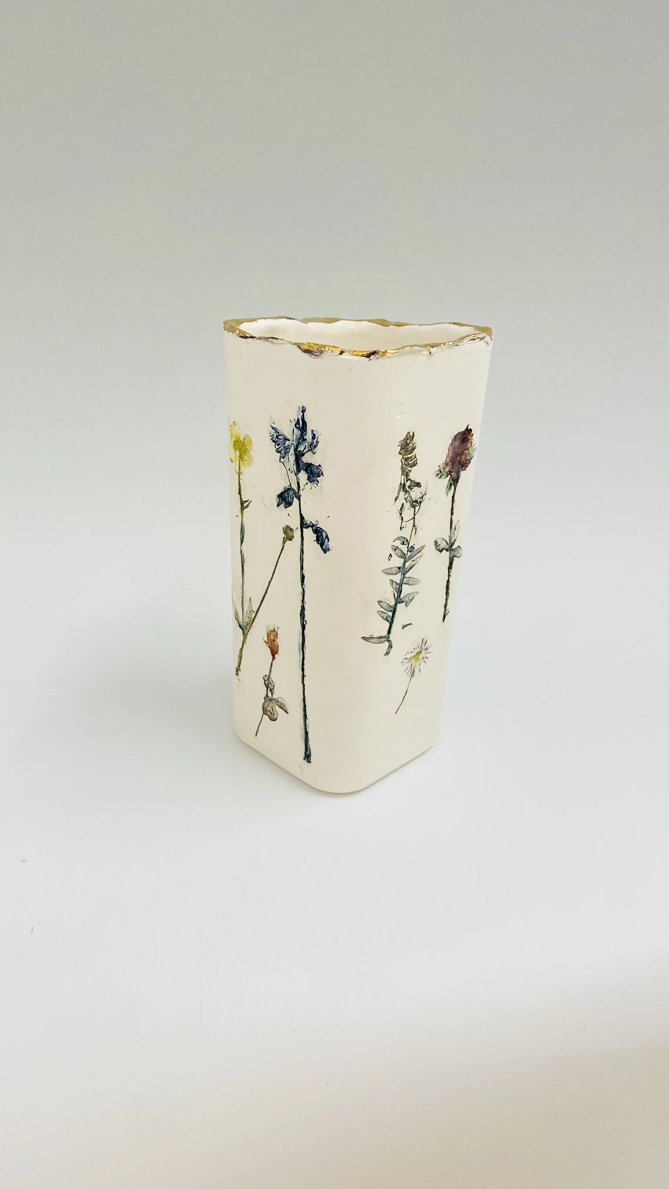 'Southwold to Blythburgh Spring Walk' square base vase, porcelain, gold & intaglio, as per left, image 2 SOLD