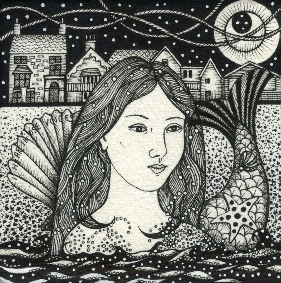 'The Aldeburgh Mermaid' original pen & ink 19cm x 19cm framed SOLD