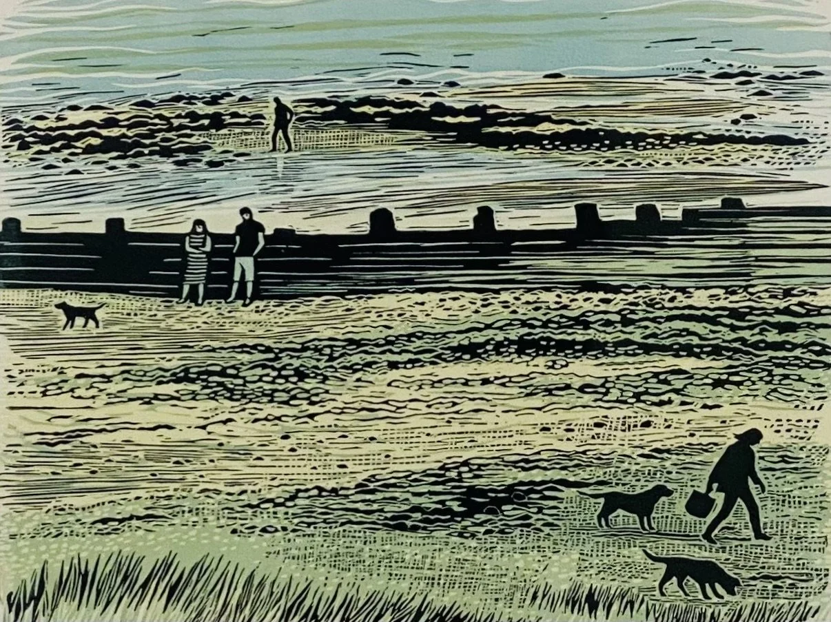 A beautiful new collection of linocuts for Autumn from Sally Hill. Each numbered & signed by the artist, in mount & frame. Shown here 'Beach and Breakwater' 48cm x 38cm £235