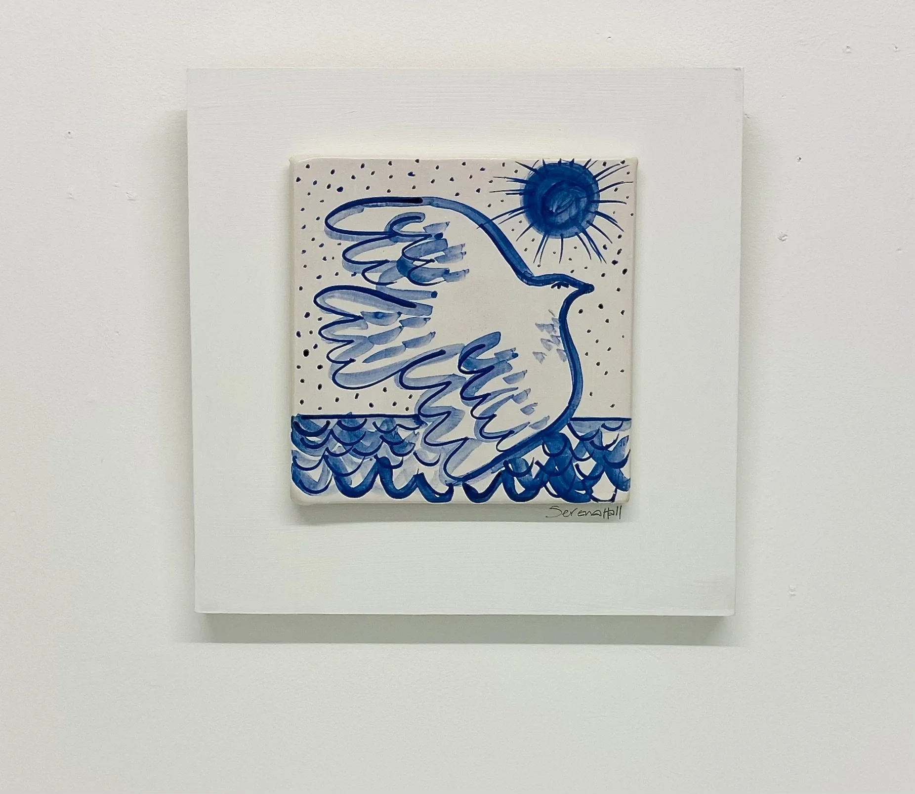 'Sea Bird 2' hand made tin oxide glaze ceramic wall plaque 30cm x 30cm SOLD