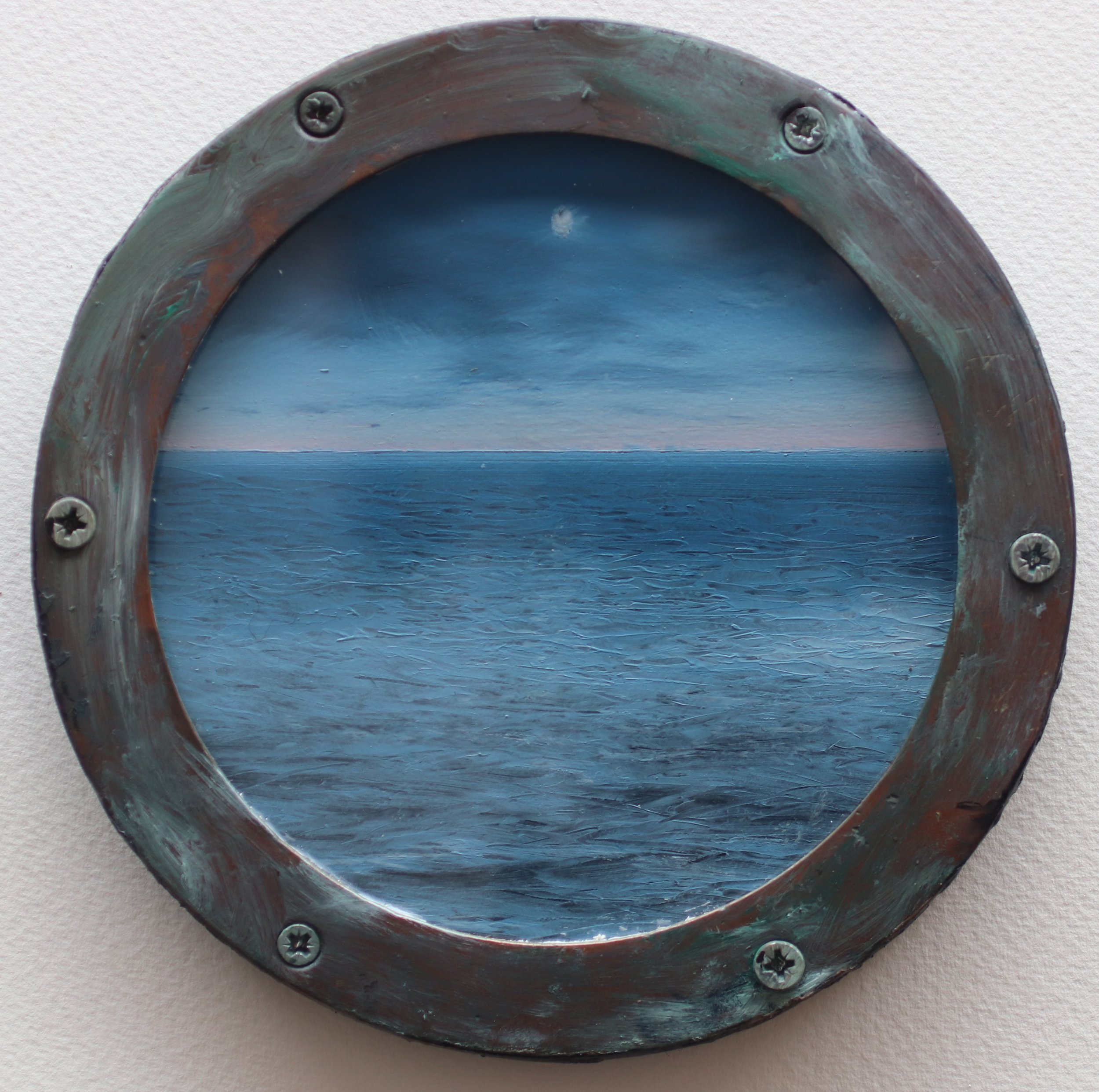 'Somewhere Across the Sea' oil on panel in an original ship's porthole D17cm complete with single fixing ready to wall hang £345.00
