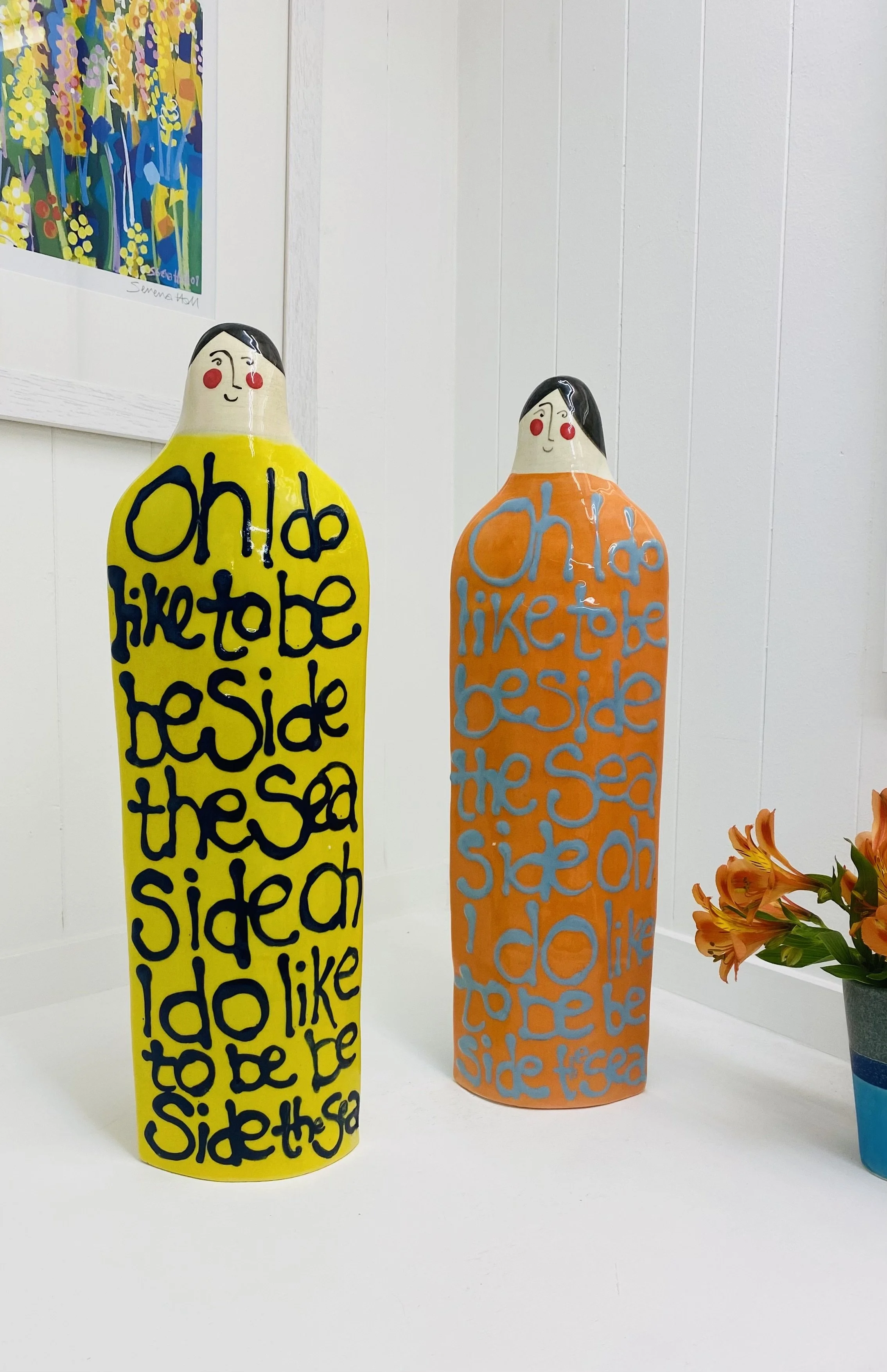 Serena Hall hand made ceramic figures inspired by Folk Art, each approximately H47cm W14cm D8cm £295