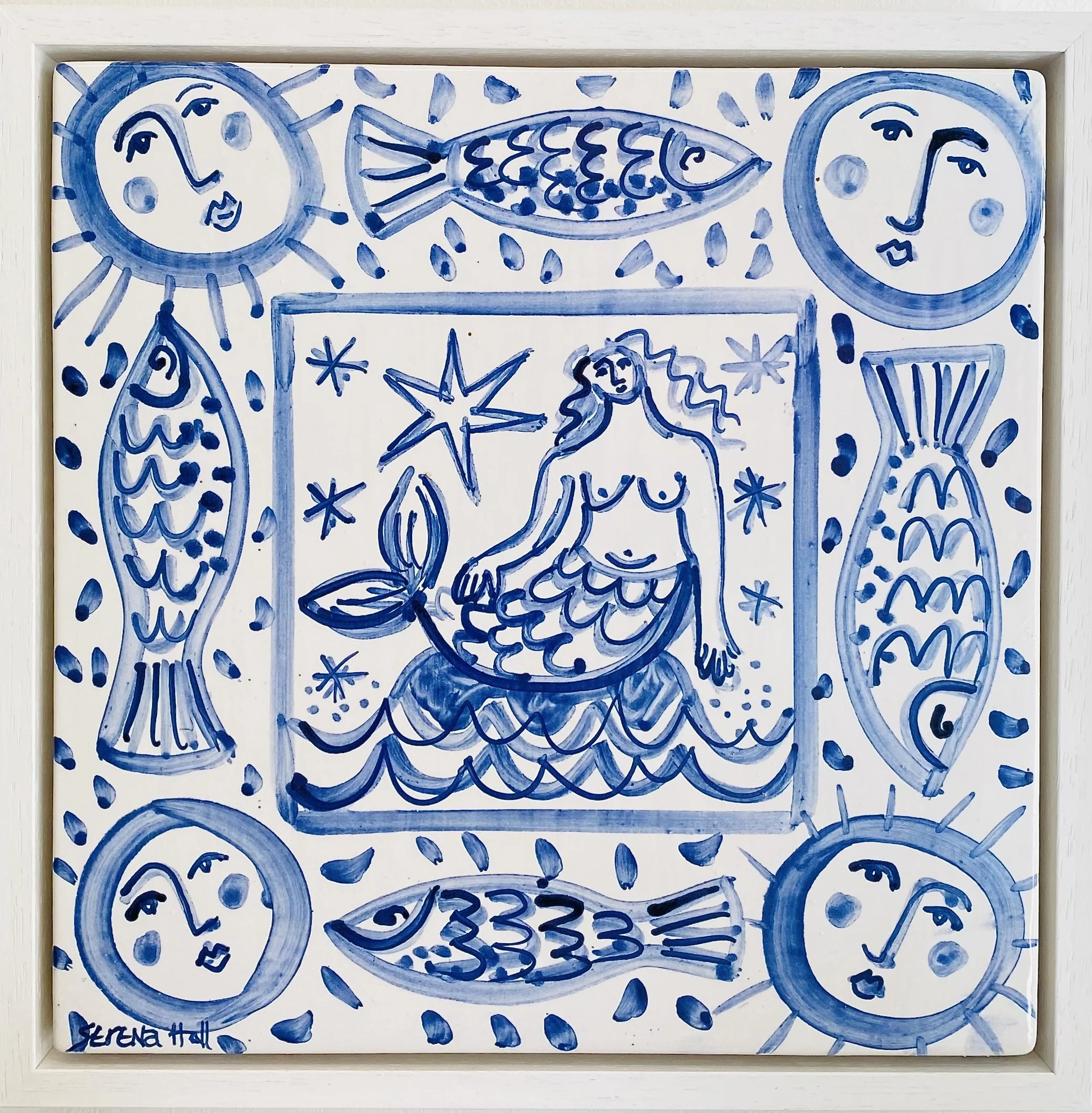 'Mermaid' handmade tin oxide glaze wall hanging 34cm x 34cm framed £295