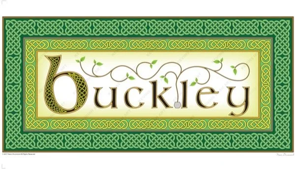 Irish surname Buckley in bright greens, framed by Celtic knots.