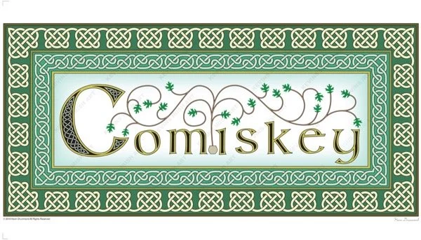 Irish surname Comiskey rendered in green and gold, framed by Celtic knots.